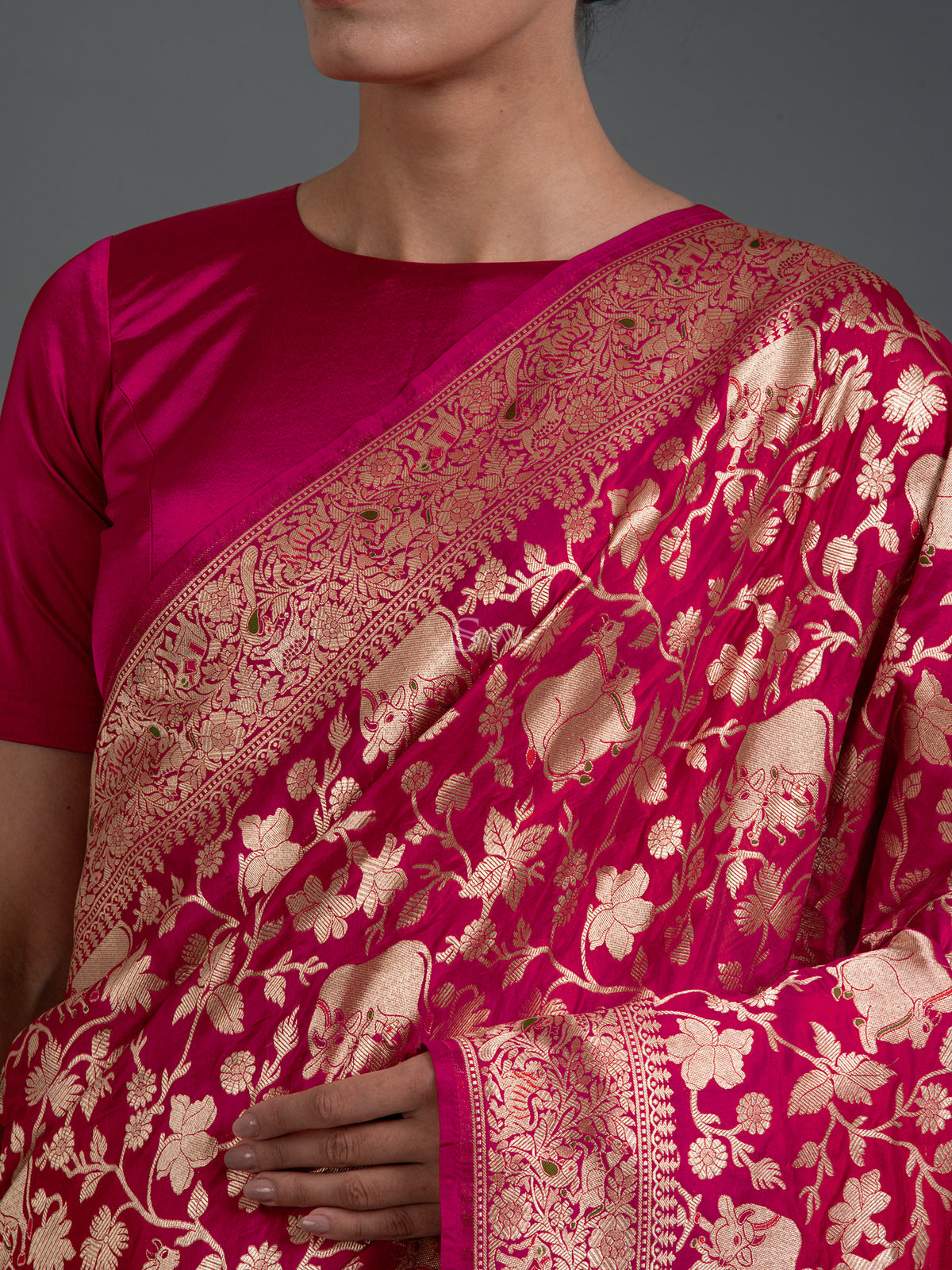 Pink Red Shikargah Uppada Katan Silk Handloom Banarasi Saree - Sacred Weaves