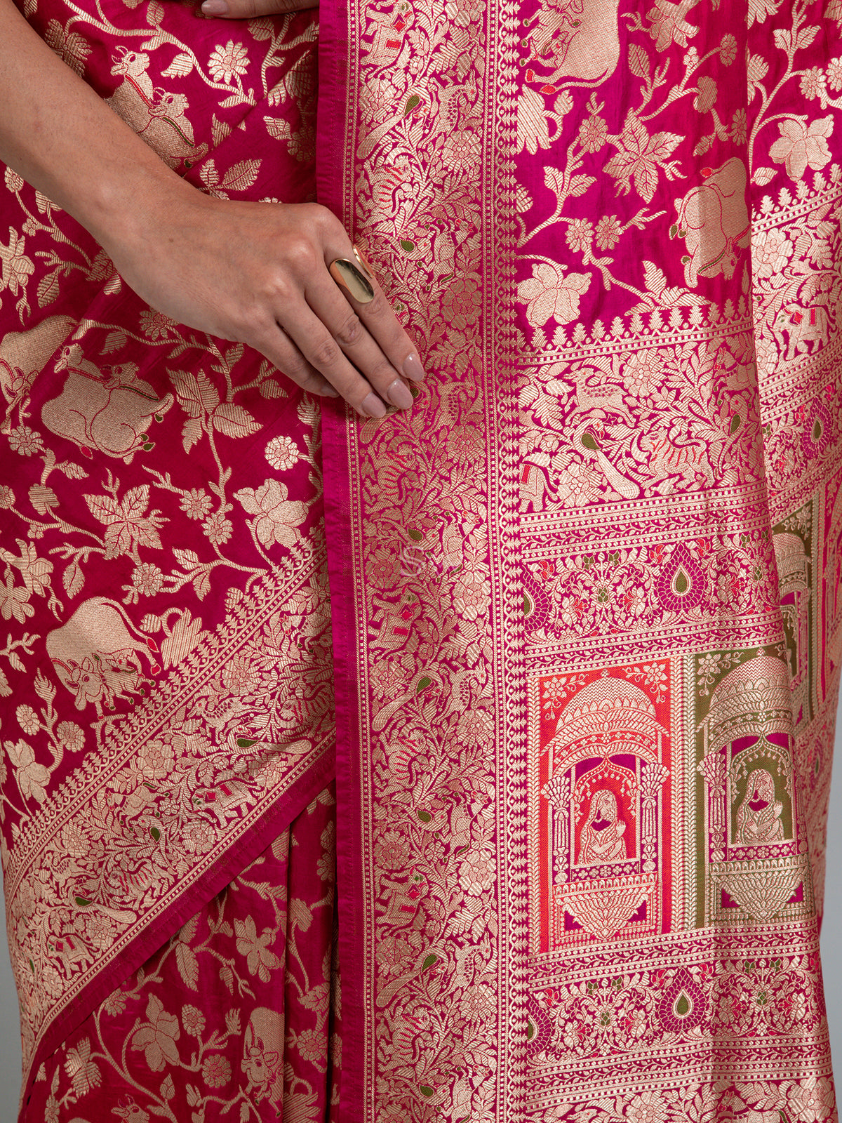 Pink Red Shikargah Uppada Katan Silk Handloom Banarasi Saree - Sacred Weaves
