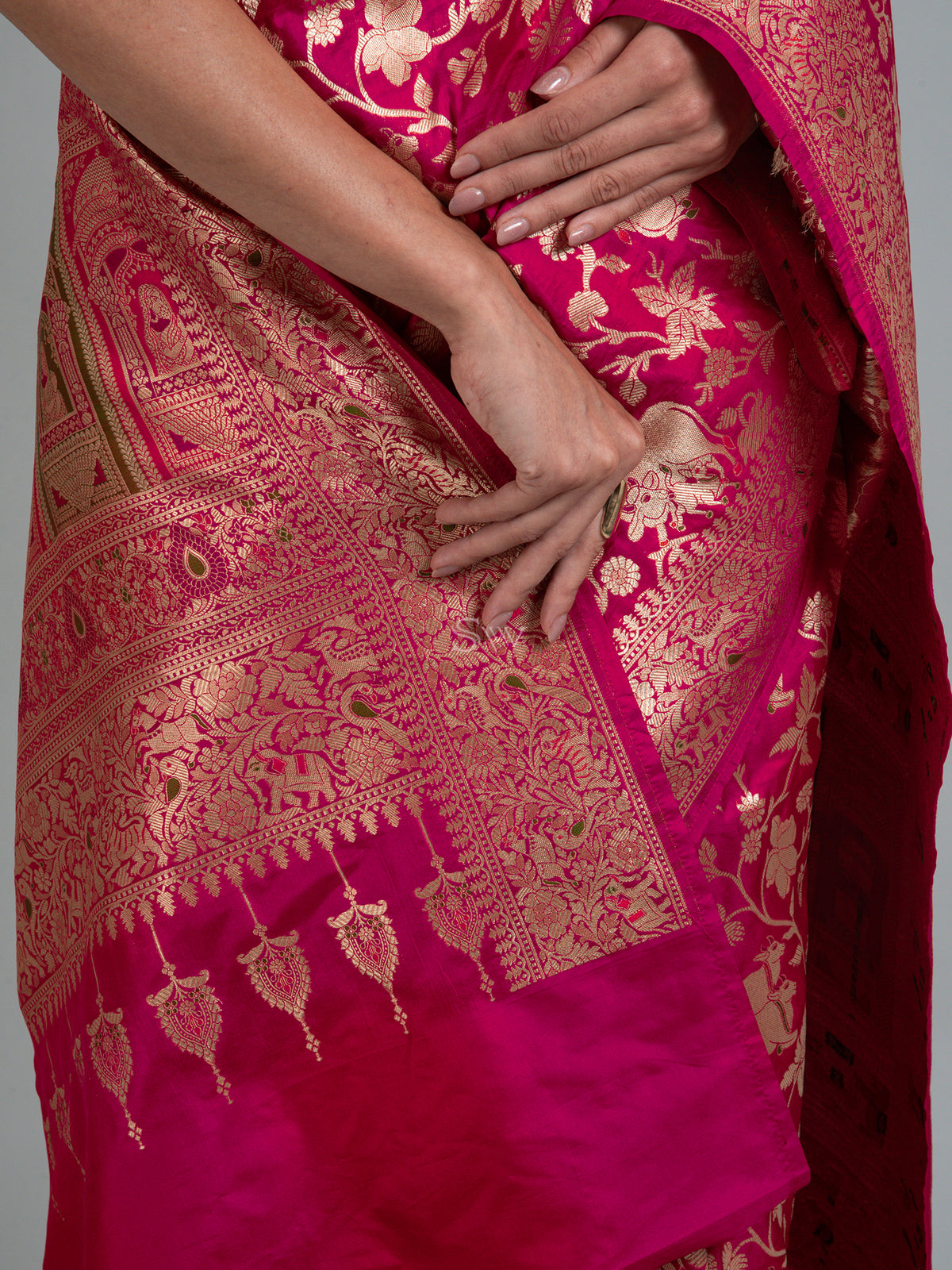 Pink Red Shikargah Uppada Katan Silk Handloom Banarasi Saree - Sacred Weaves