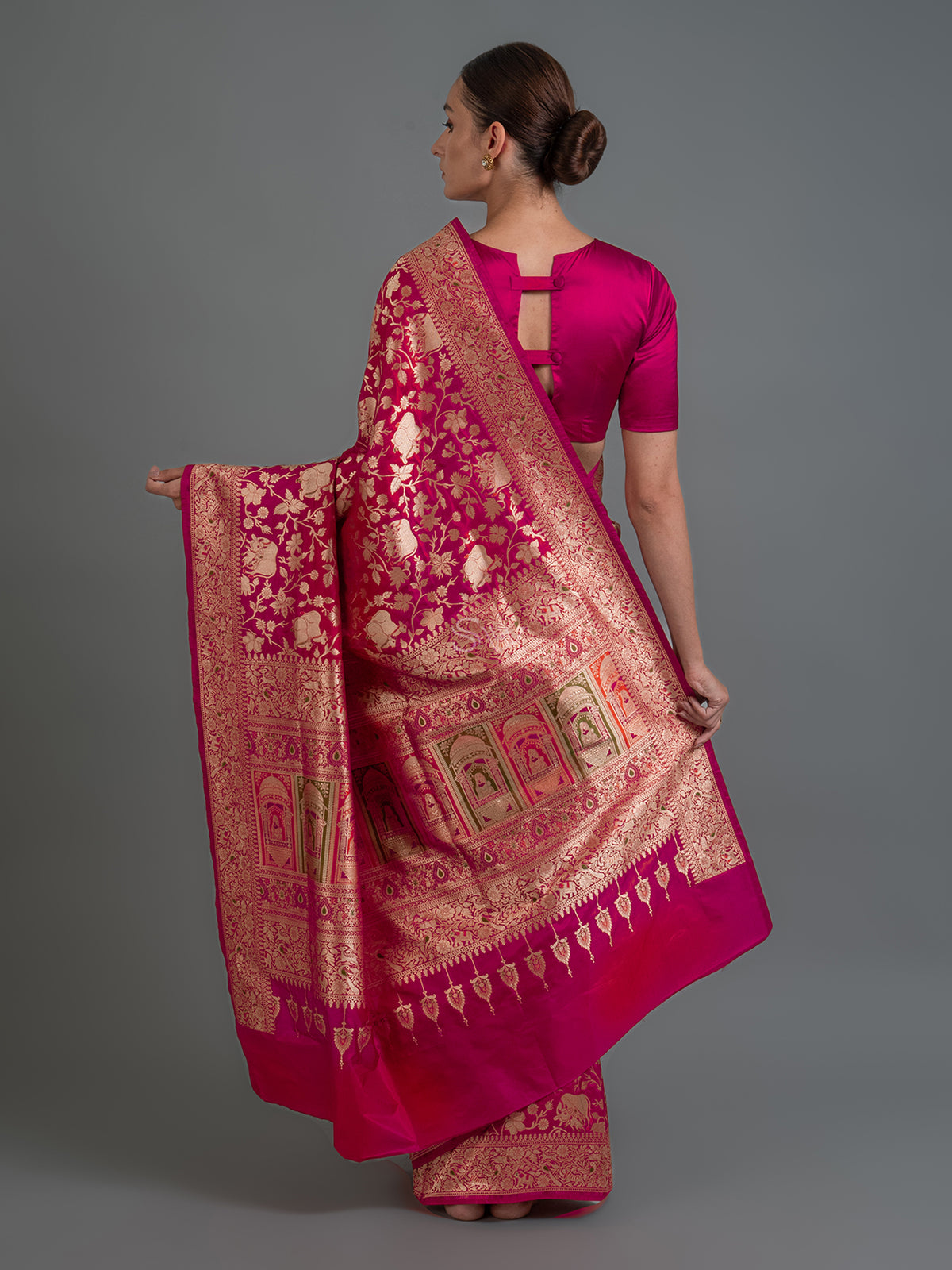 Pink Red Shikargah Uppada Katan Silk Handloom Banarasi Saree - Sacred Weaves