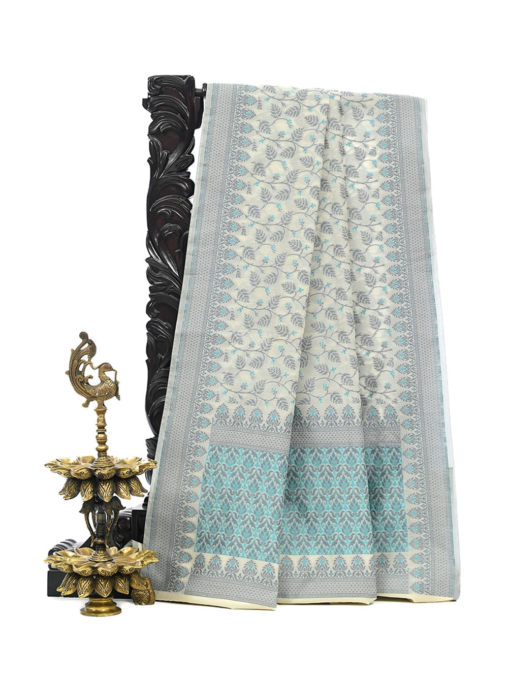 Off-White Meenakari Jaal Cotton Silk Handloom Banarasi Saree - Sacred Weaves