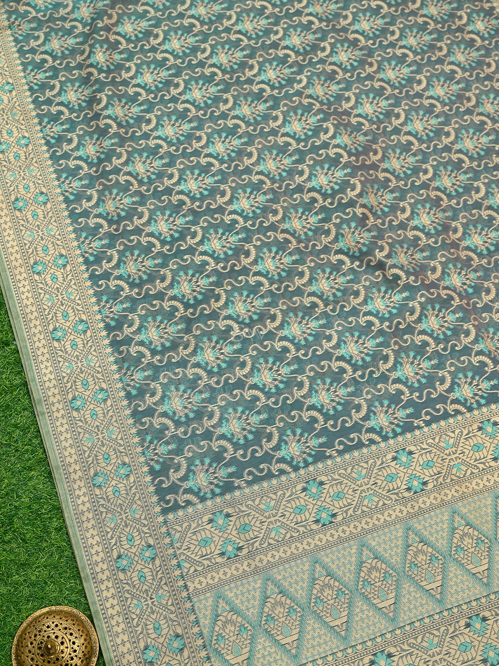 Teal Green Pink Meenakari Jaal Cotton Silk Handloom Banarasi Saree - Sacred Weaves