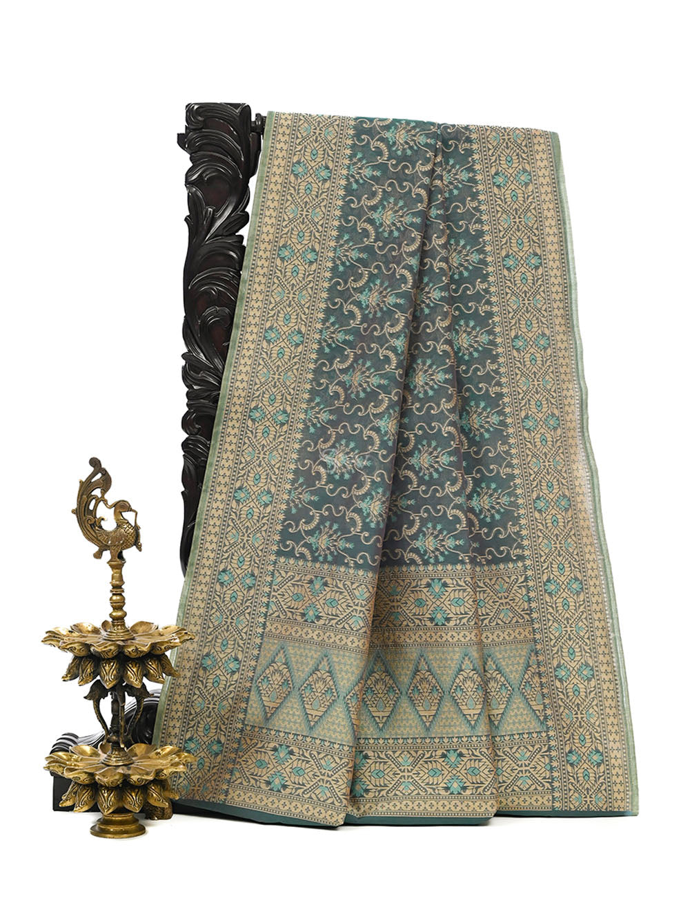 Teal Green Pink Meenakari Jaal Cotton Silk Handloom Banarasi Saree - Sacred Weaves