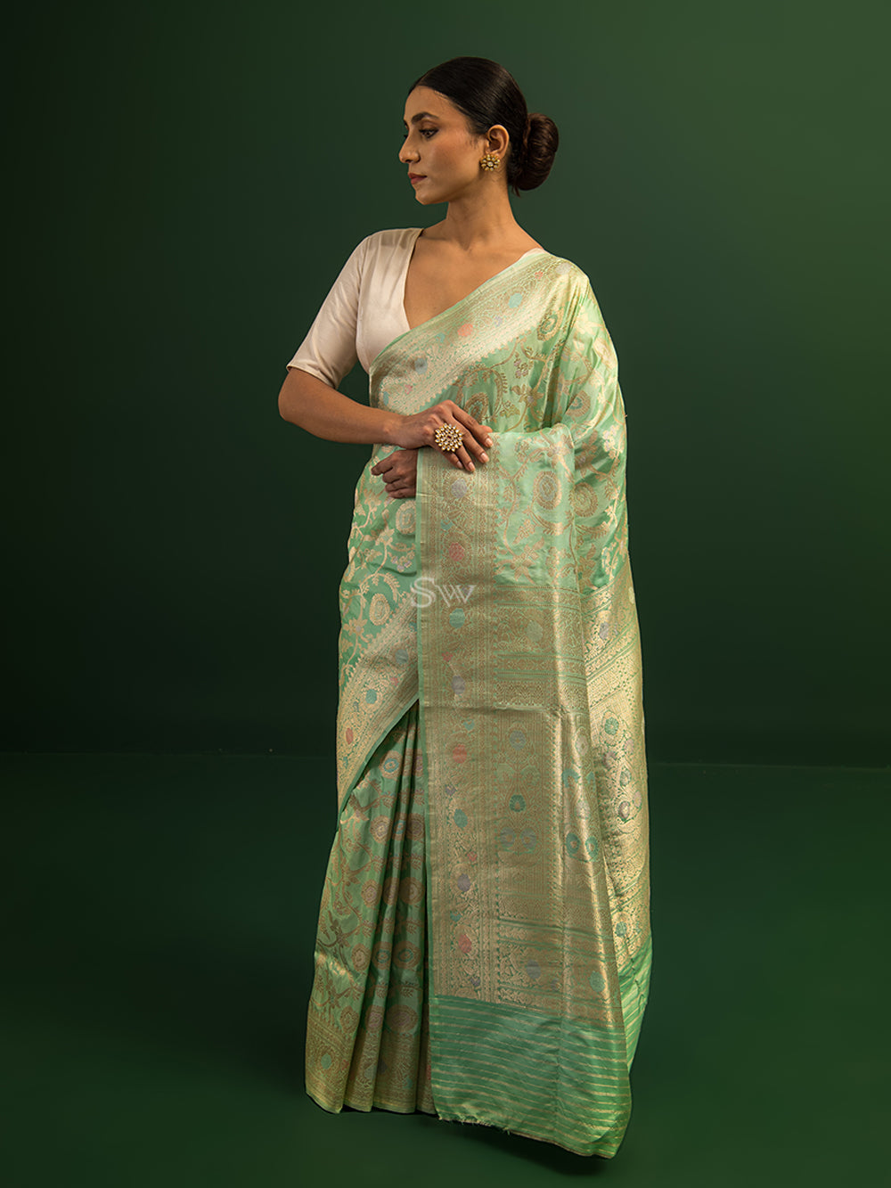 Pista Green Meenakari Katan Silk Handloom Banarasi Saree - Sacred Weaves