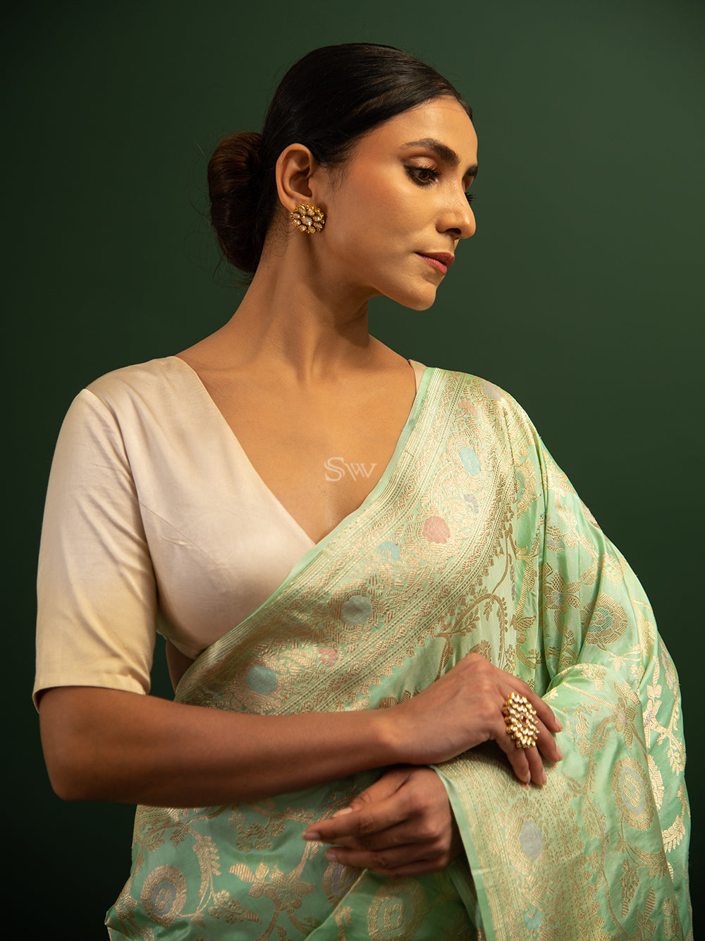 Pista Green Meenakari Katan Silk Handloom Banarasi Saree - Sacred Weaves