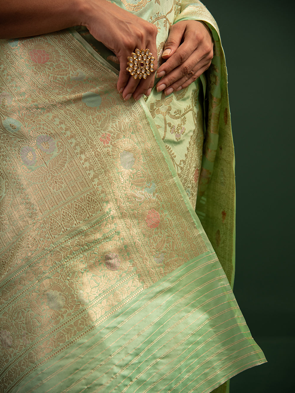 Pista Green Meenakari Katan Silk Handloom Banarasi Saree - Sacred Weaves