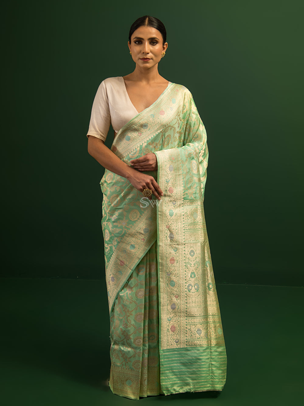 Pista Green Meenakari Katan Silk Handloom Banarasi Saree - Sacred Weaves
