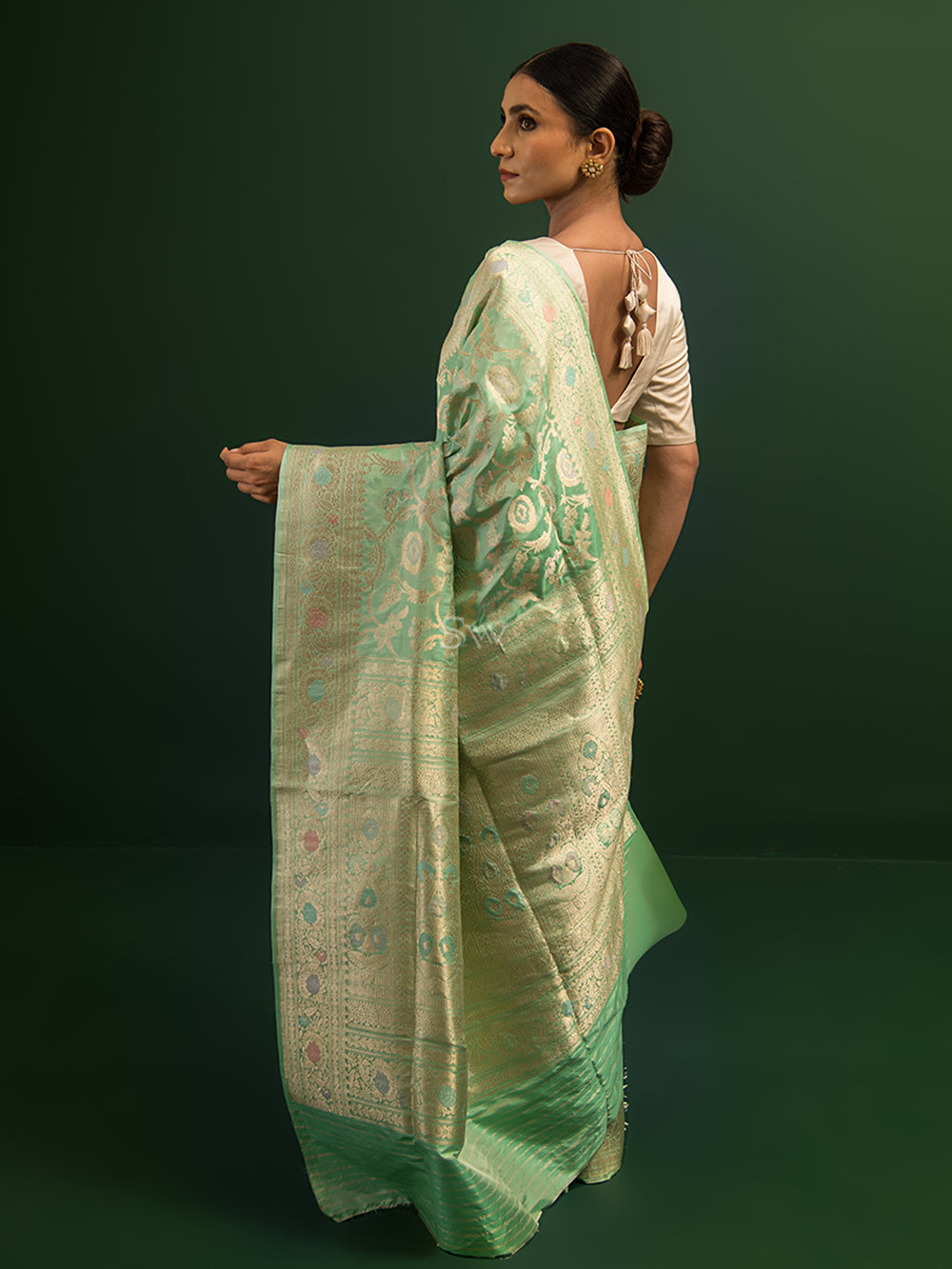 Pista Green Meenakari Katan Silk Handloom Banarasi Saree - Sacred Weaves
