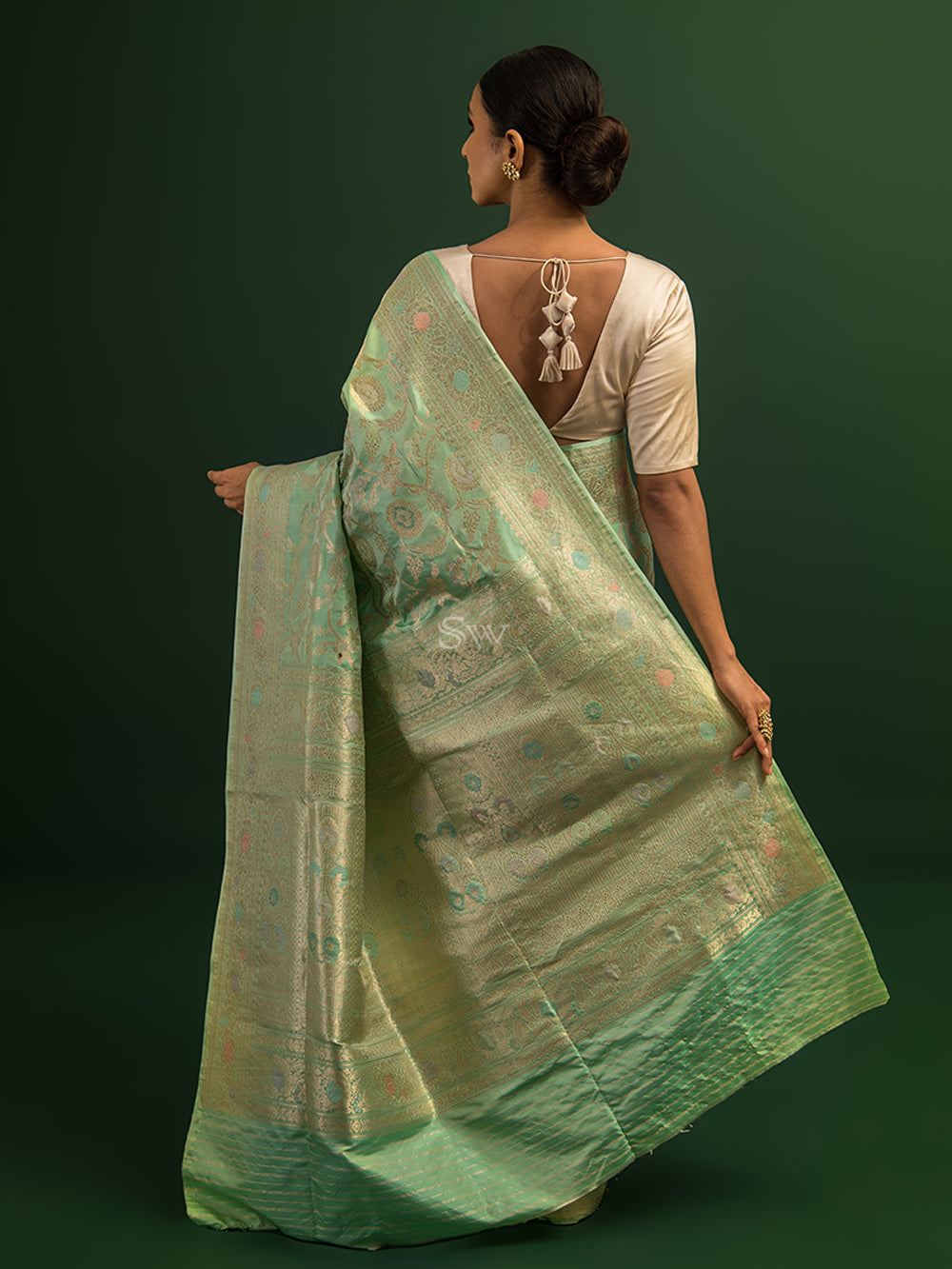 Pista Green Meenakari Katan Silk Handloom Banarasi Saree - Sacred Weaves