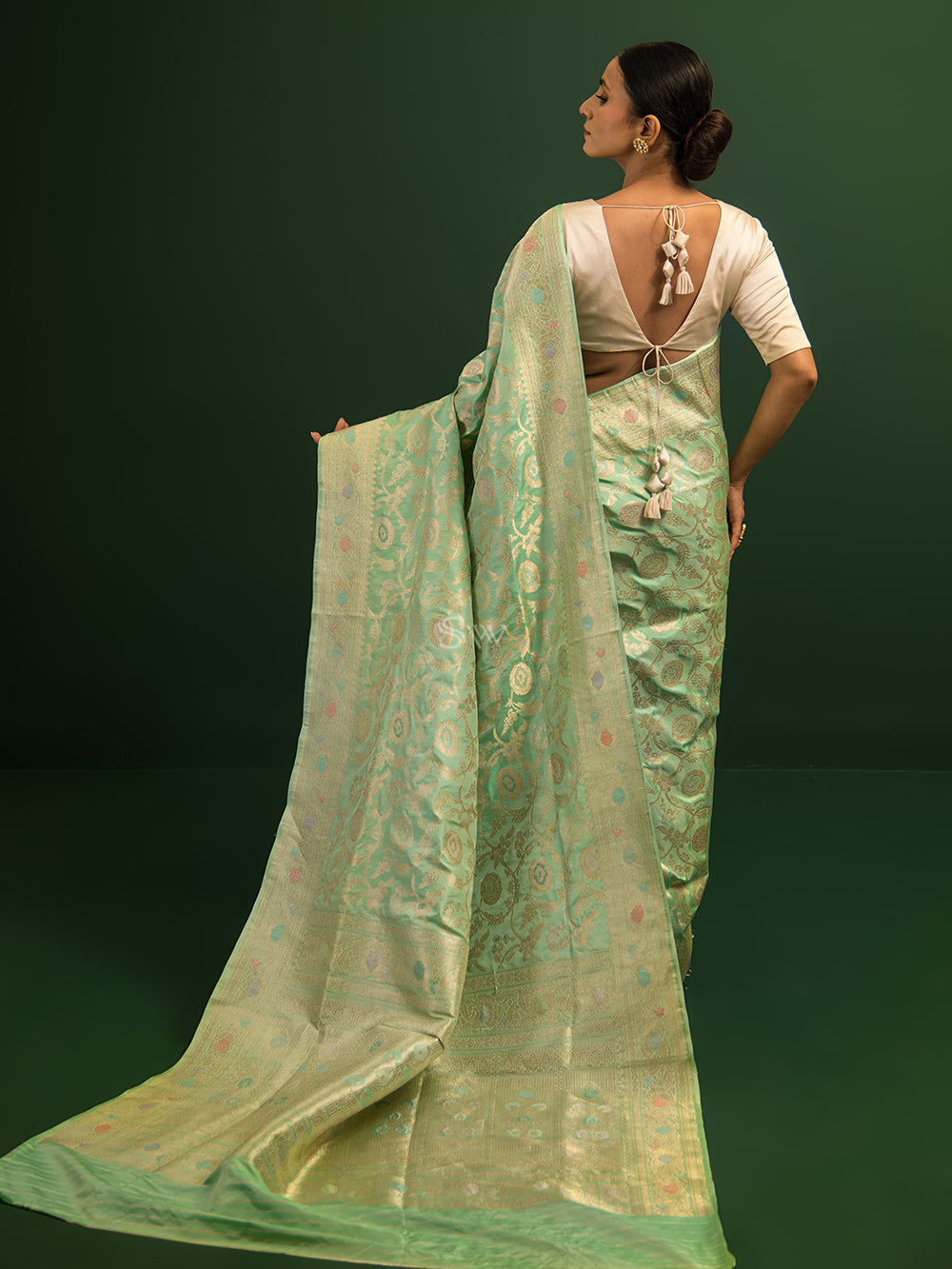 Pista Green Meenakari Katan Silk Handloom Banarasi Saree - Sacred Weaves