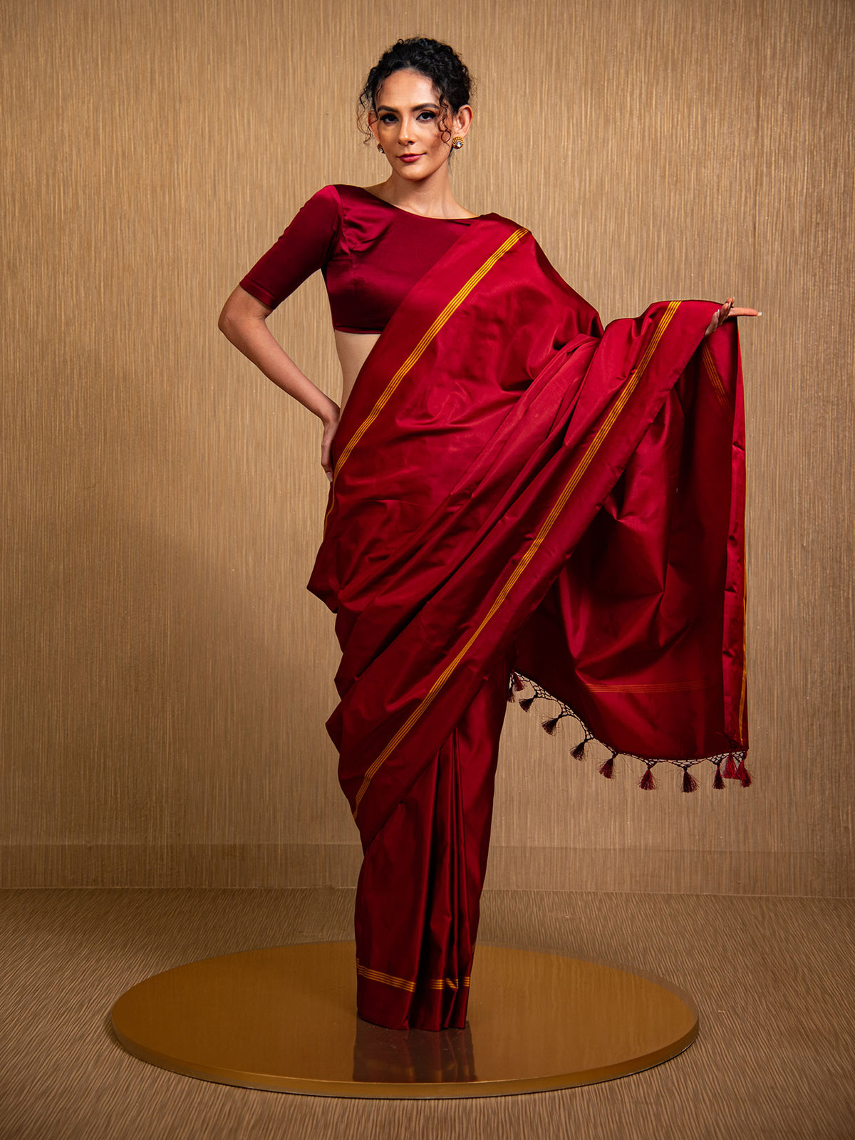 Dark Maroon Konia Satin Silk Handloom Banarasi Saree