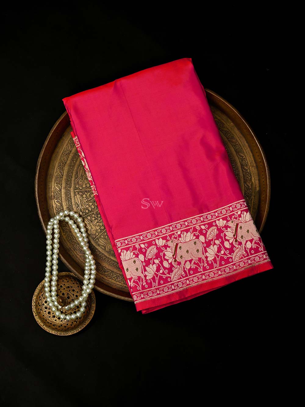 Pink Orange Shikargah Satin Silk Handloom Banarasi Saree - Sacred Weaves
