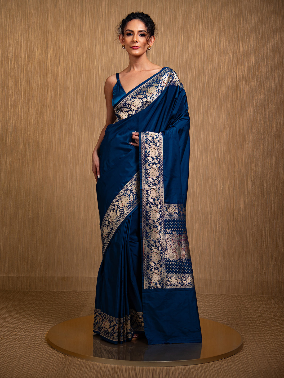Midnight Blue Shikargah Satin Silk Handloom Banarasi Saree