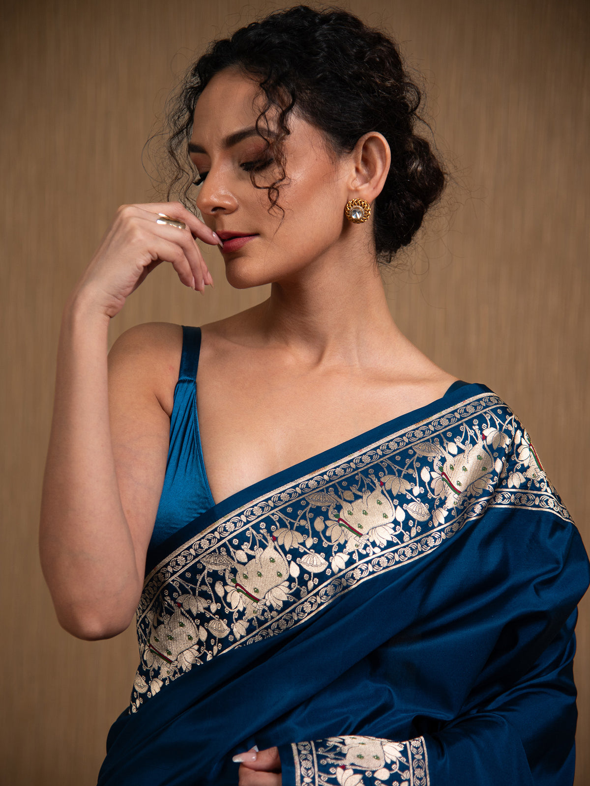 Midnight Blue Shikargah Satin Silk Handloom Banarasi Saree