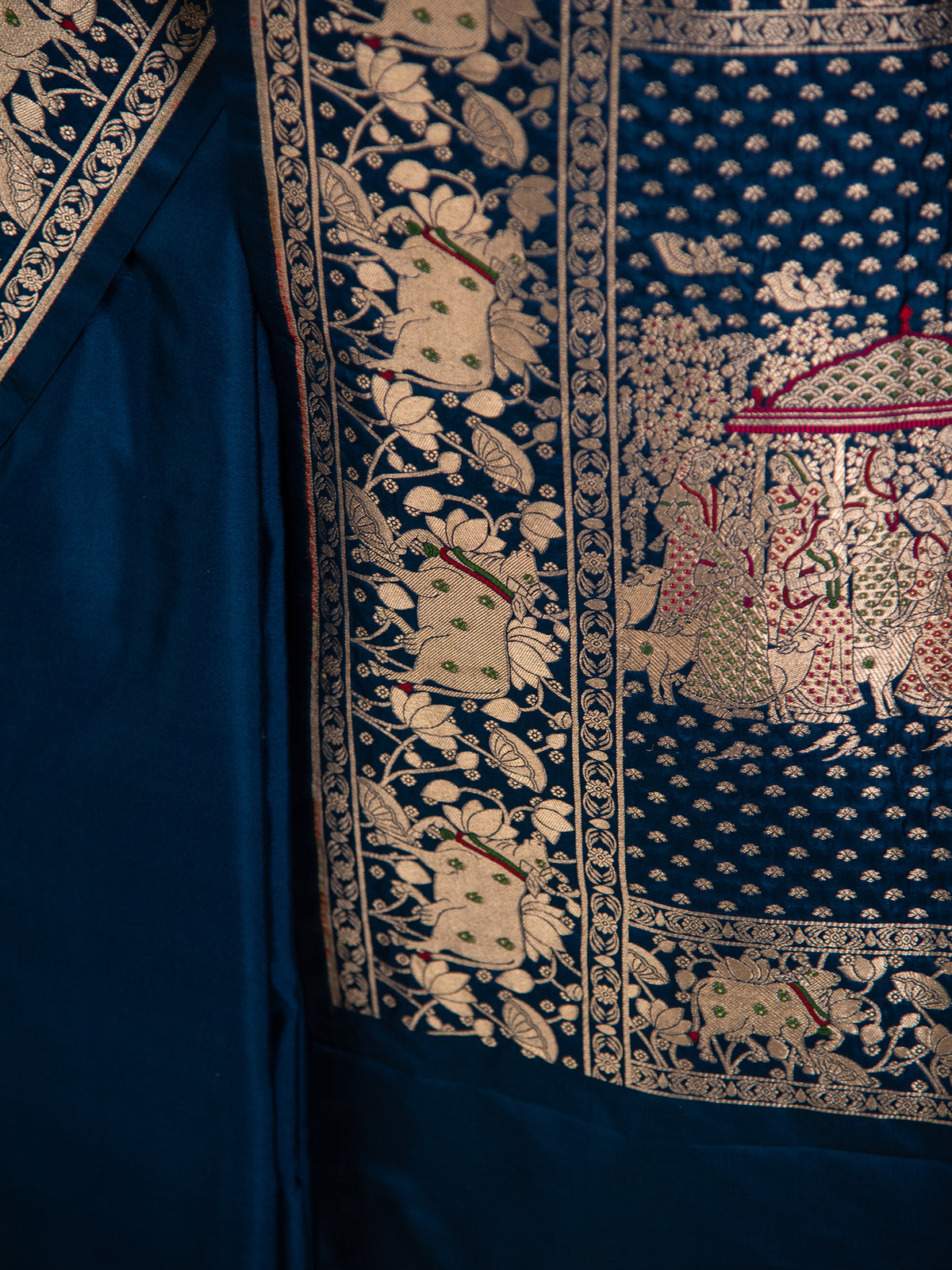 Midnight Blue Shikargah Satin Silk Handloom Banarasi Saree