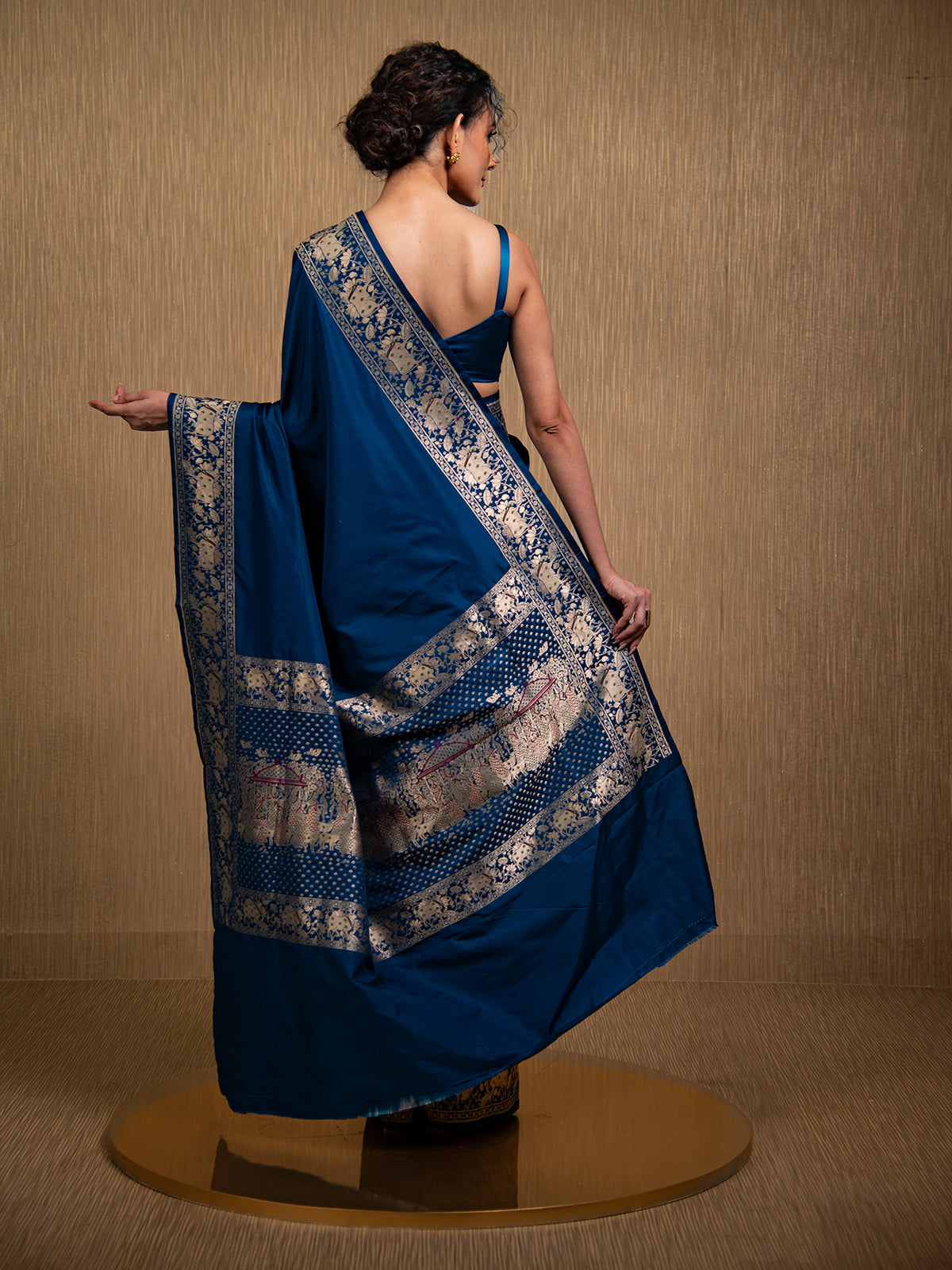 Midnight Blue Shikargah Satin Silk Handloom Banarasi Saree