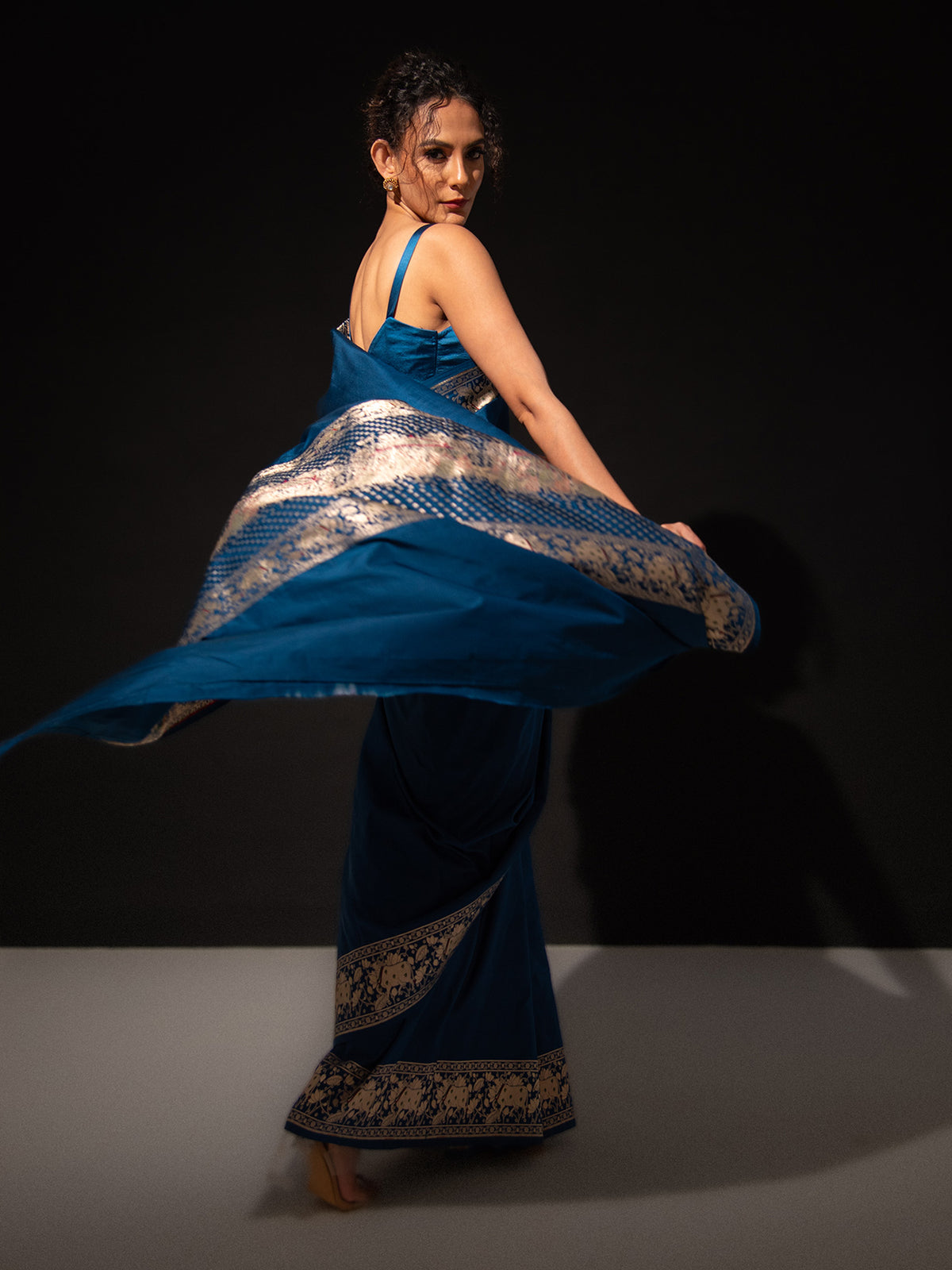 Midnight Blue Shikargah Satin Silk Handloom Banarasi Saree