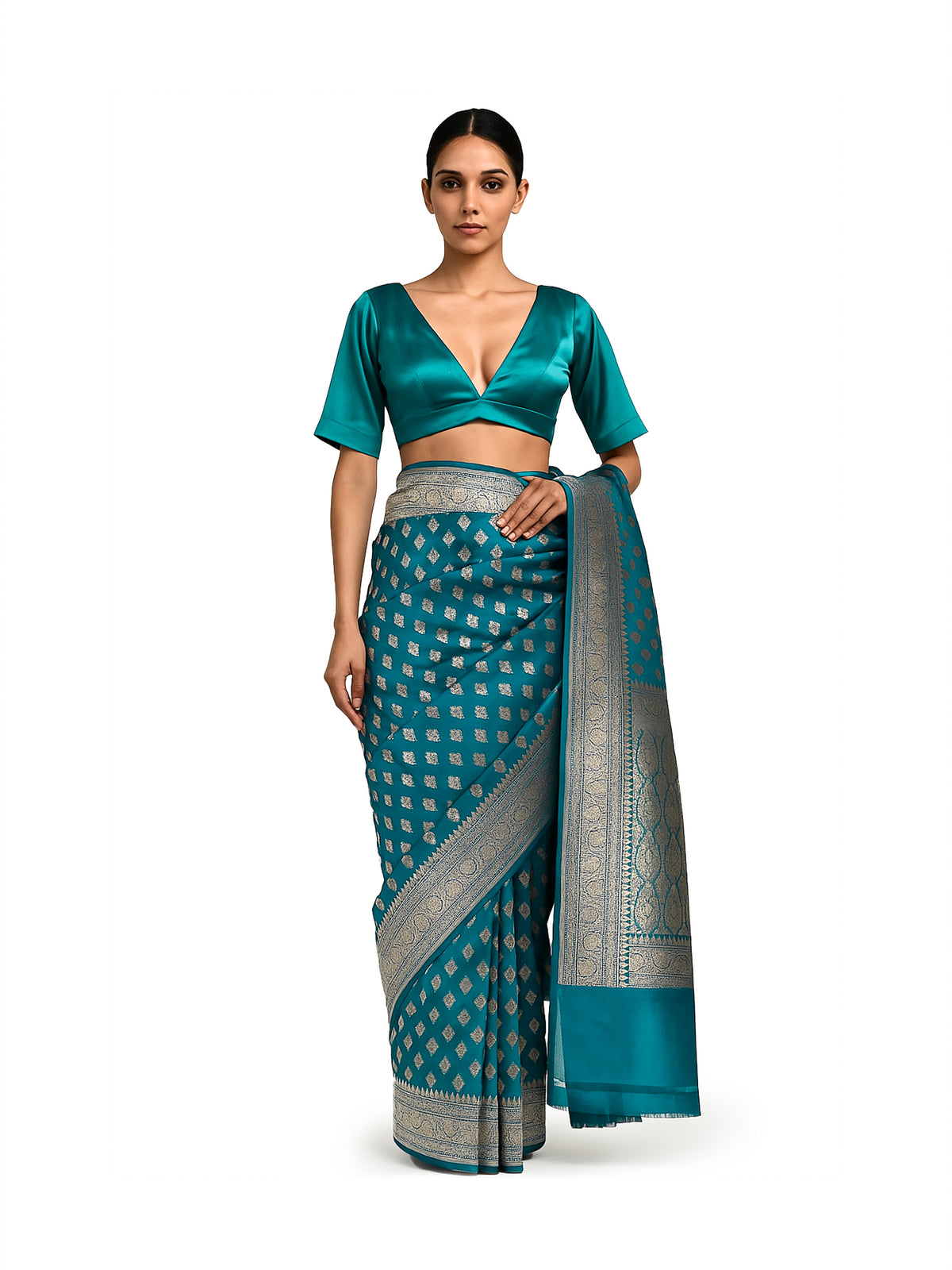 Teal Blue Booti Katan Silk Handloom Banarasi Saree