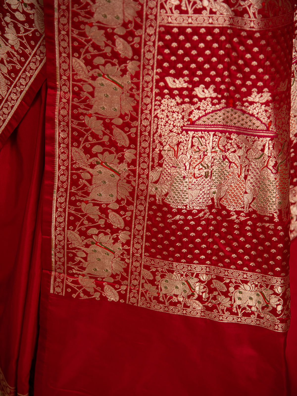 Red Shikargah Satin Silk Handloom Banarasi Saree