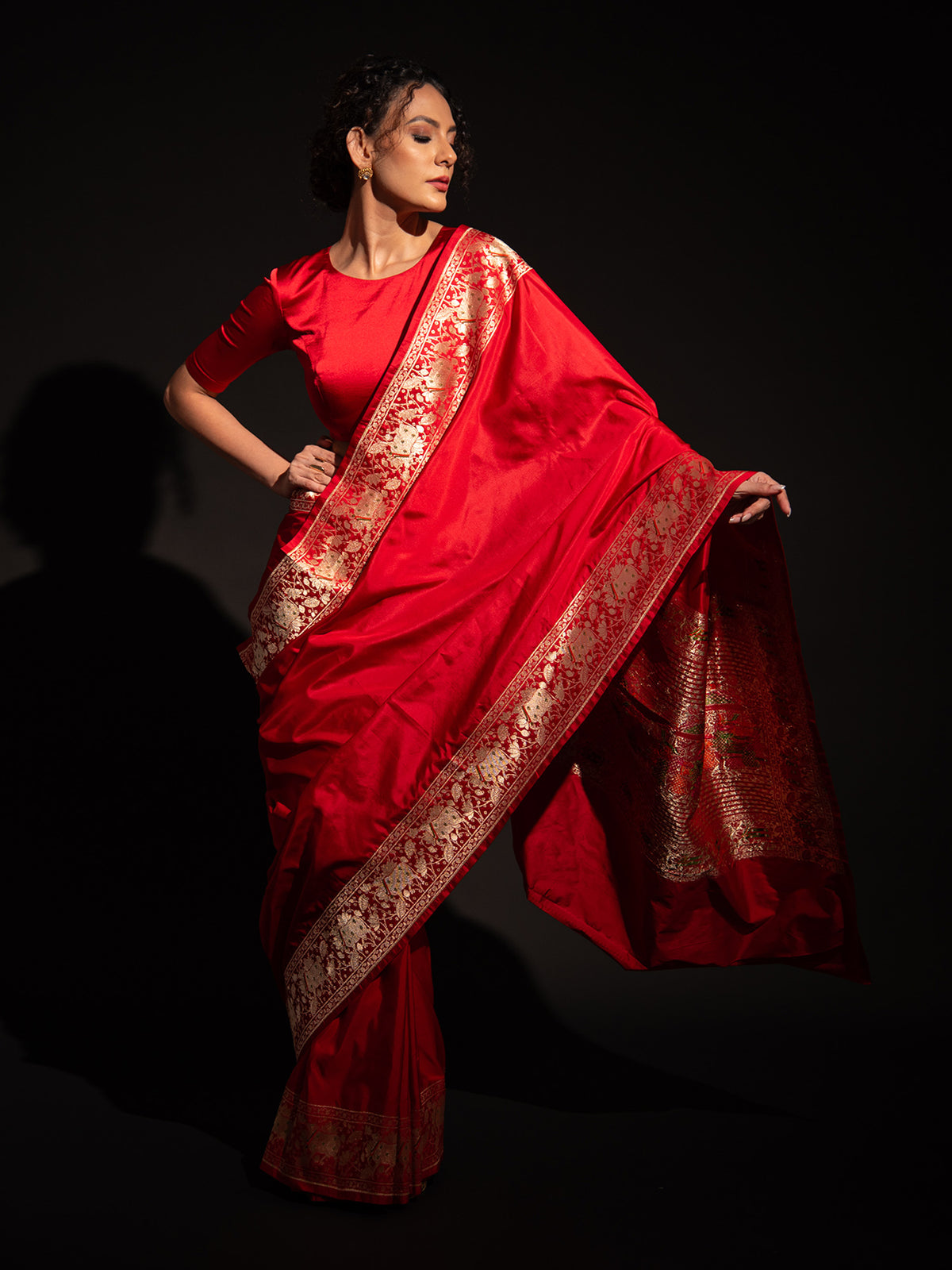 Red Shikargah Satin Silk Handloom Banarasi Saree