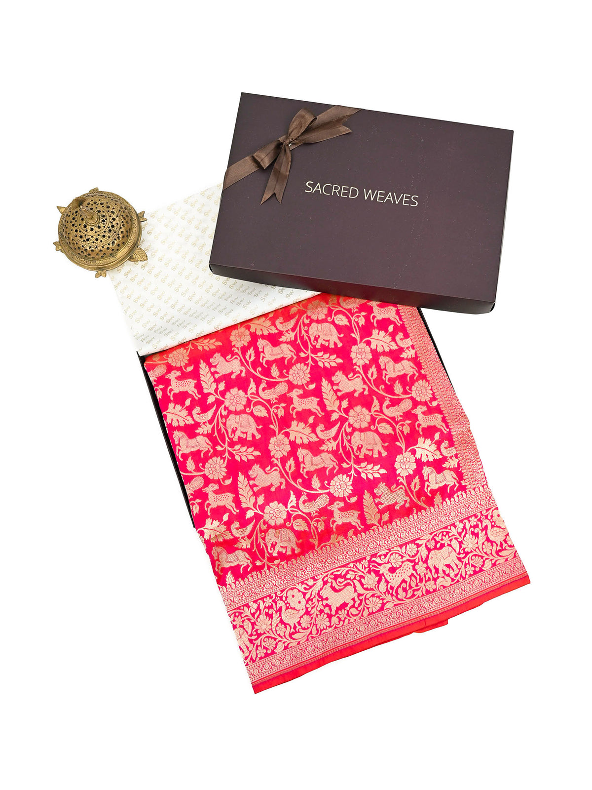 Pink Orange Shikargah Katan Silk Handloom Banarasi Saree - Gift Box
