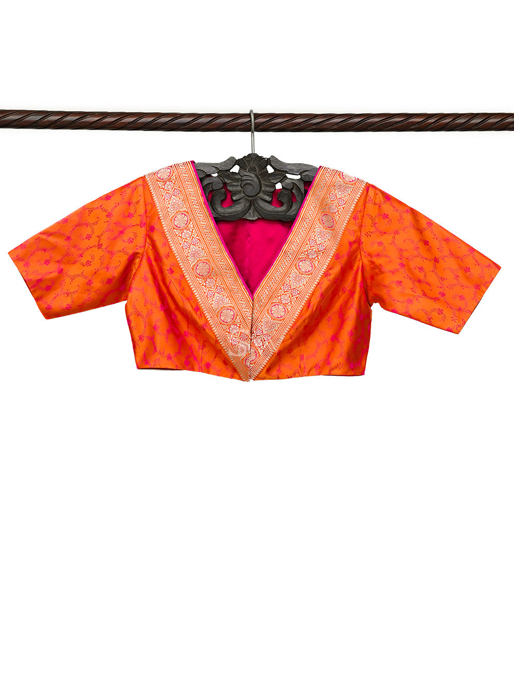 Orange Pink Tanchoi Silk Banarasi Ready-Made Blouse - Sacred Weaves