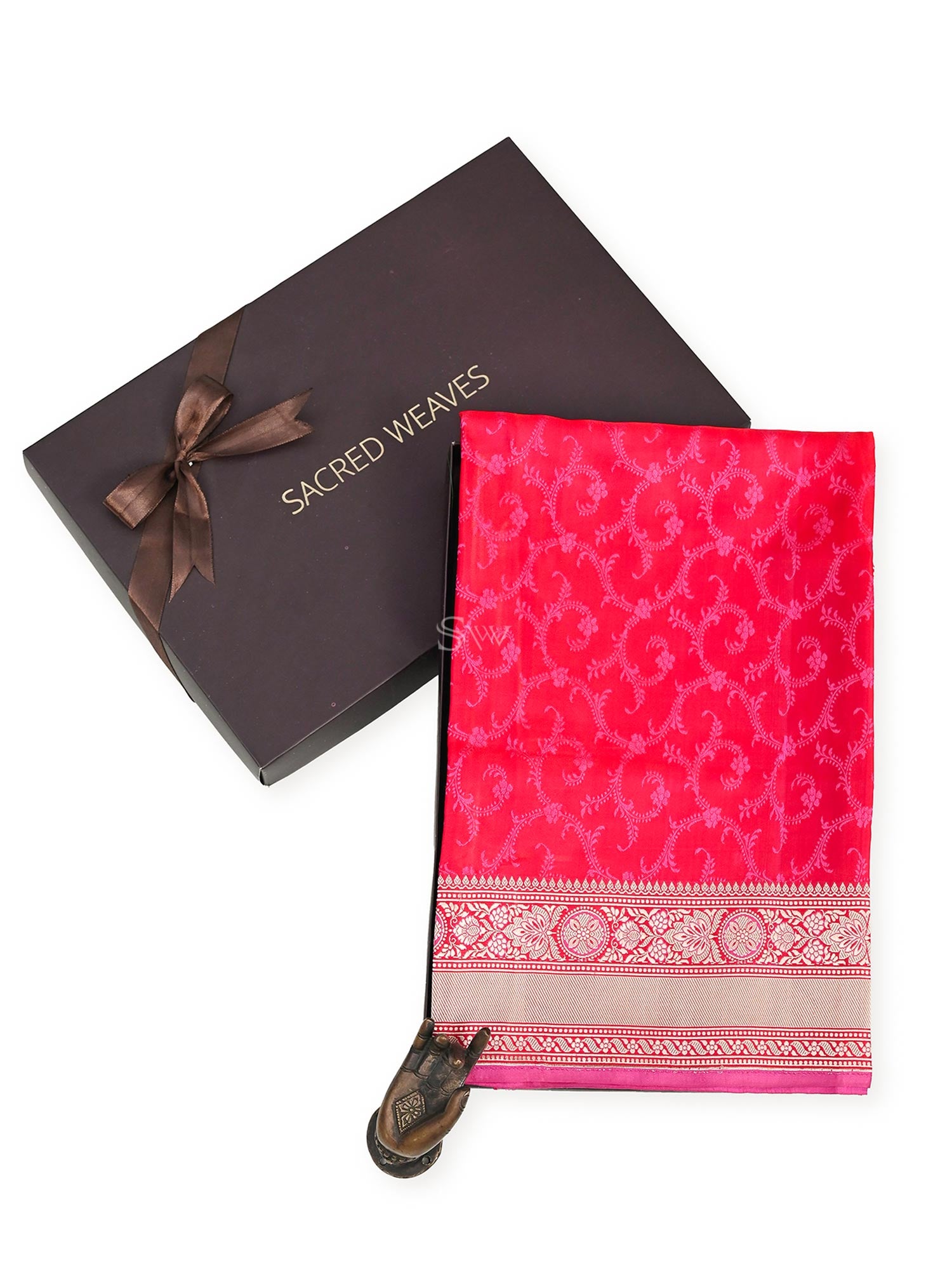Pink Red Tanchoi Silk Handloom Banarasi Fabric - Gift Box - Sacred Weaves