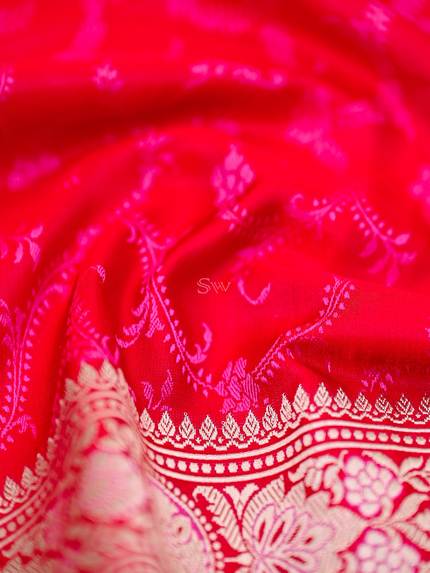 Pink Red Tanchoi Silk Handloom Banarasi Fabric - Gift Box - Sacred Weaves