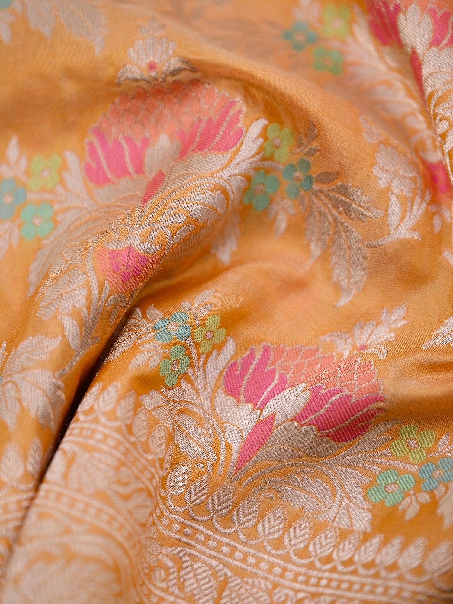 Yellow Meenakari Jaal Katan Silk Handloom Banarasi Fabric - Gift Box - Sacred Weaves
