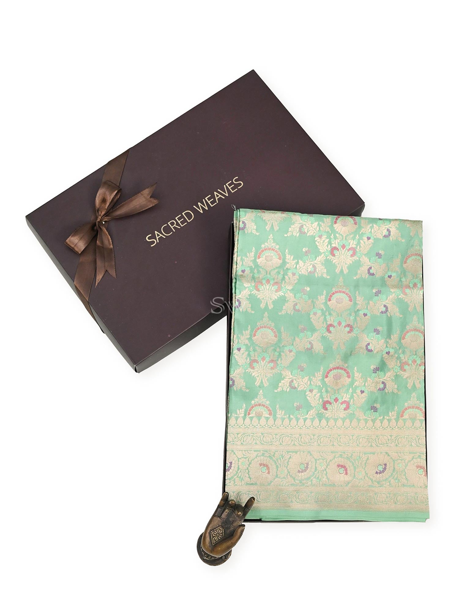 Green Meenakari Jaal Katan Silk Handloom Banarasi Fabric - Gift Box - Sacred Weaves
