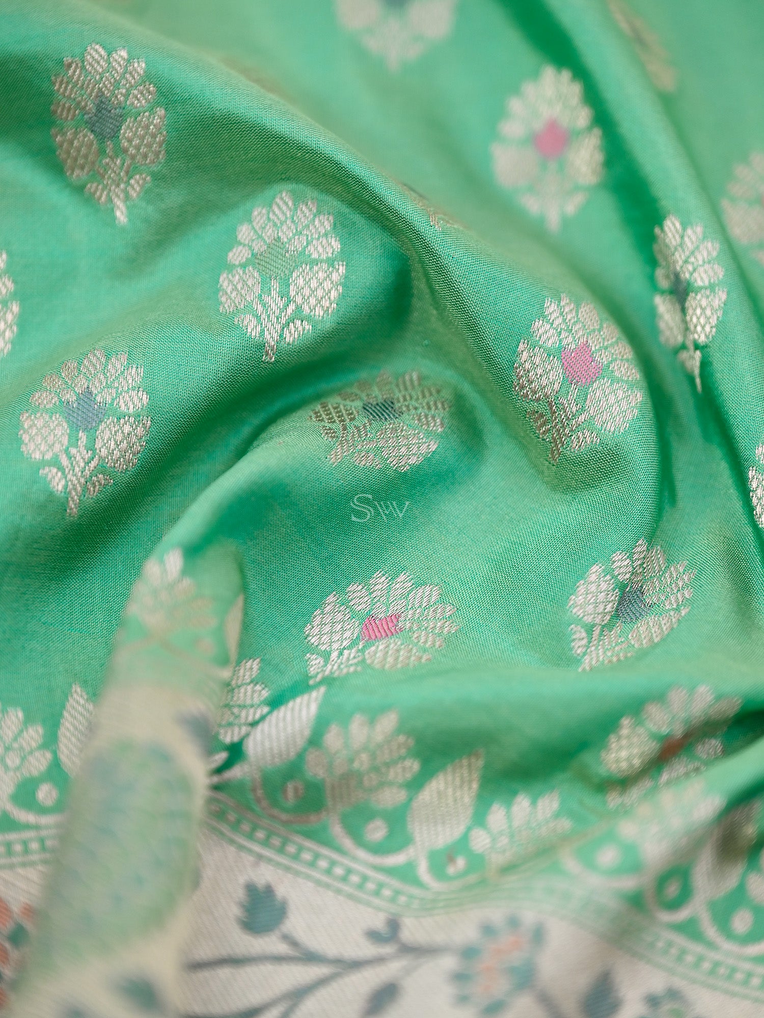 Green Meenakari Booti Katan Silk Handloom Banarasi Fabric - Gift Box - Sacred Weaves