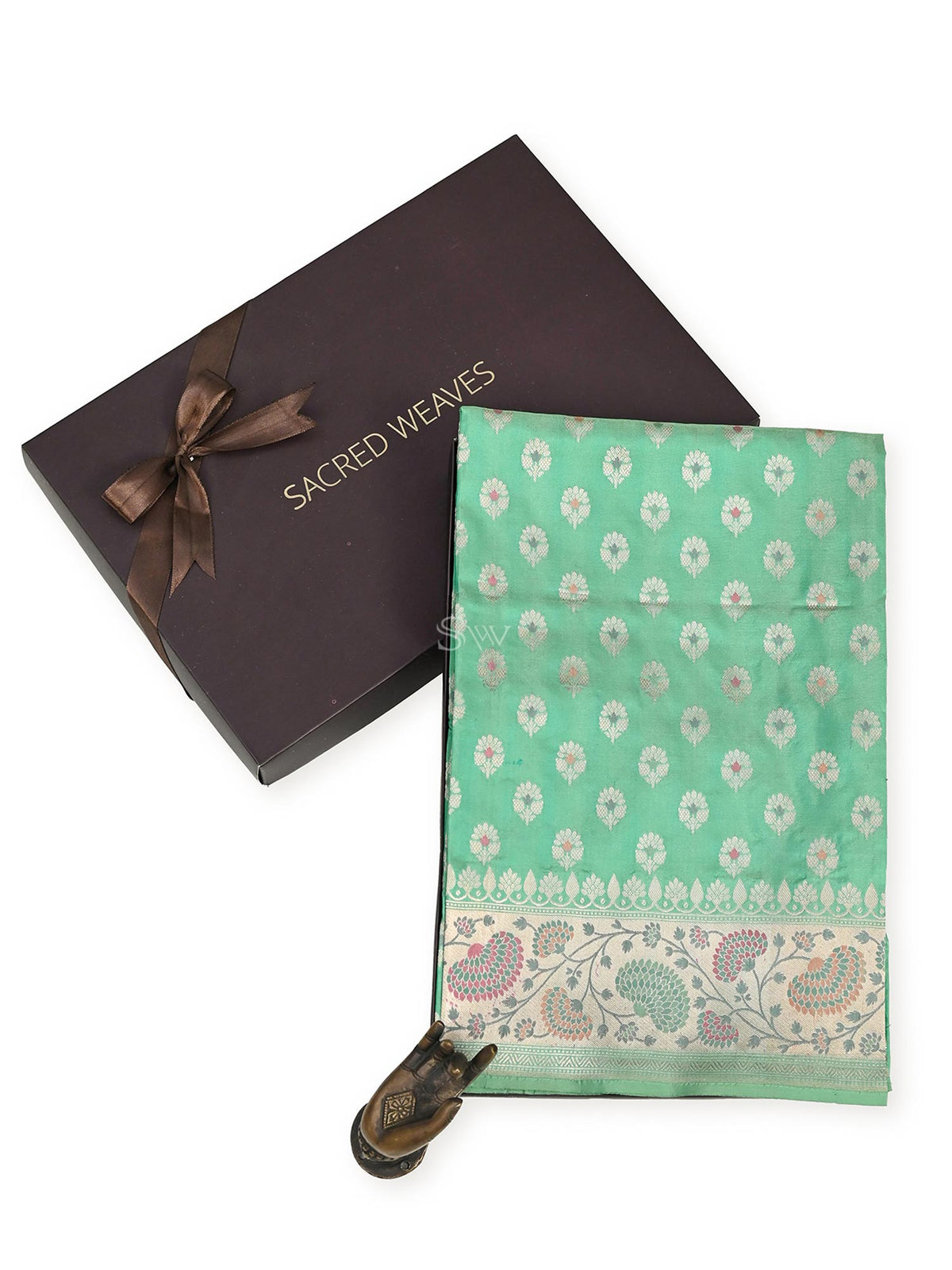 Green Meenakari Booti Katan Silk Handloom Banarasi Fabric - Gift Box - Sacred Weaves