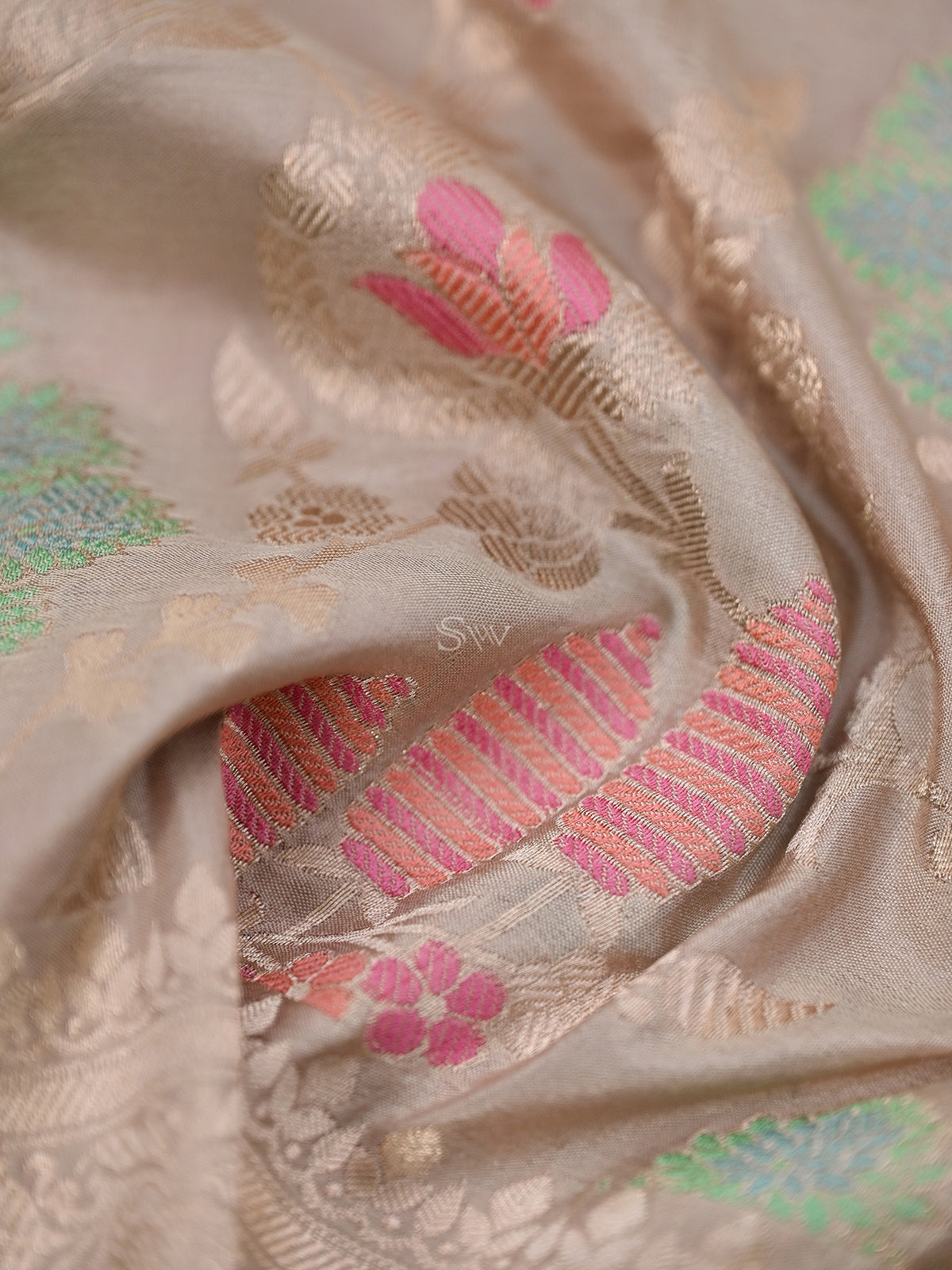 Beige Meenakari Jaal Katan Silk Handloom Banarasi Fabric