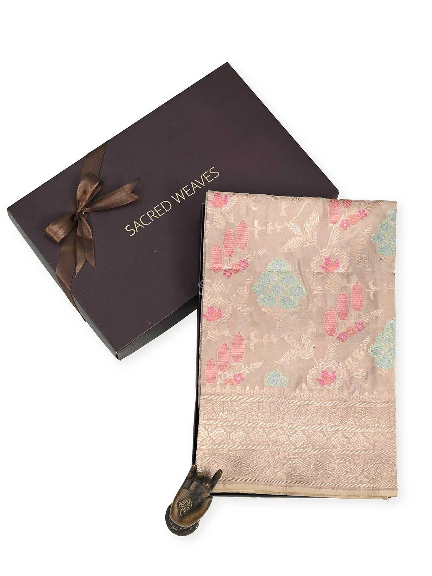 Beige Meenakari Jaal Katan Silk Handloom Banarasi Fabric - Gift Box - Sacred Weaves