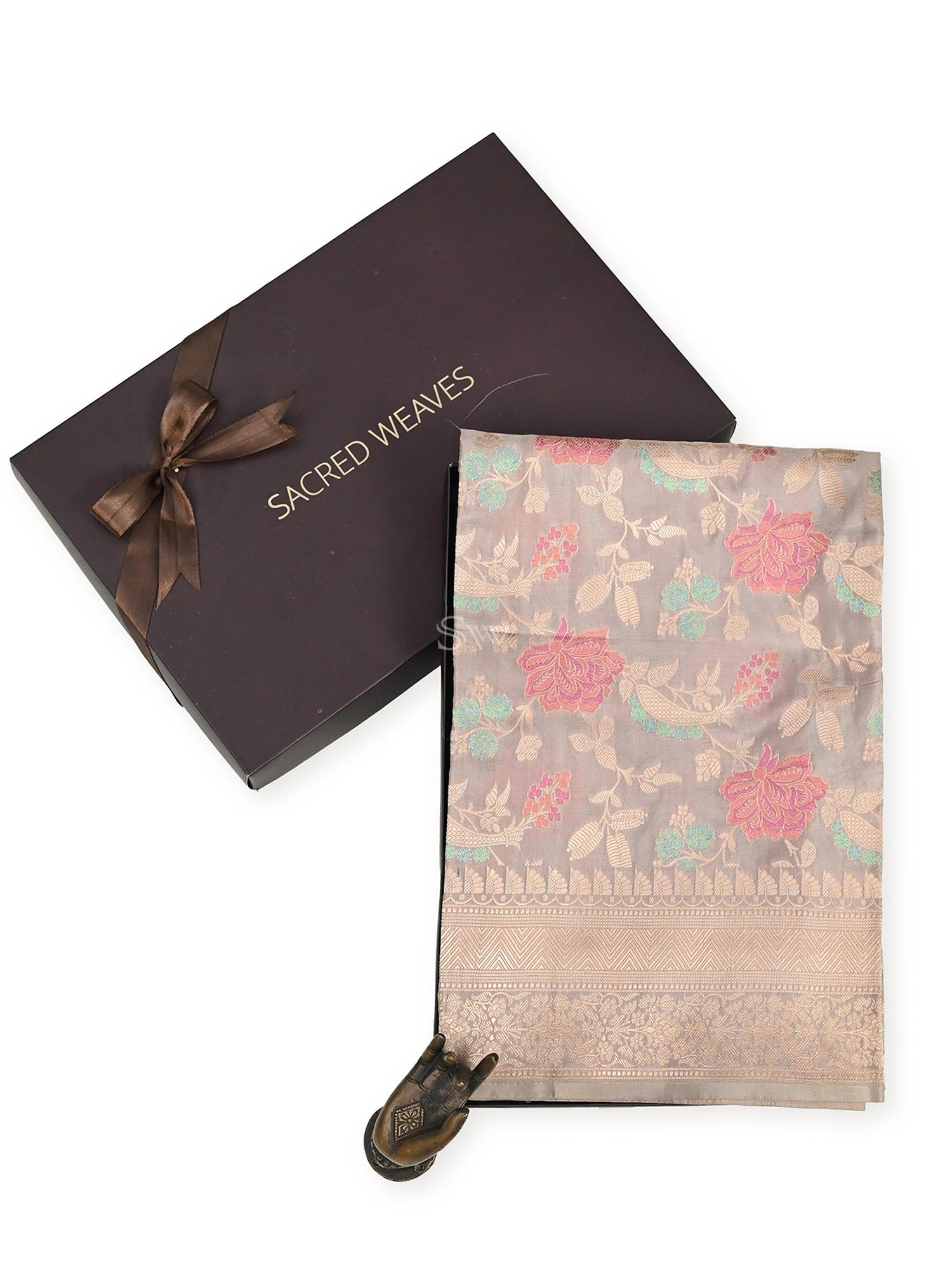 Dark Beige Meenakari Jaal Katan Silk Handloom Banarasi Fabric - Gift Box