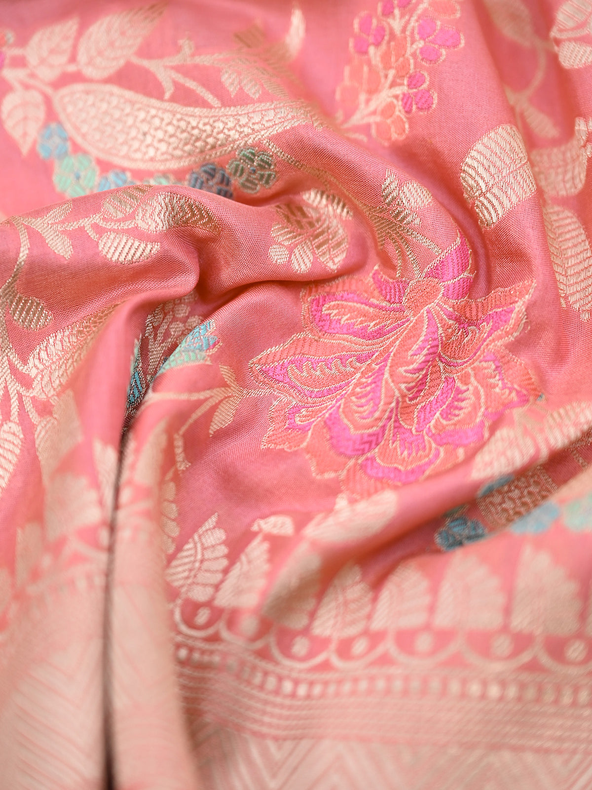 Pink Meenakari Jaal Katan Silk Handloom Banarasi Fabric - Gift Box - Sacred Weaves