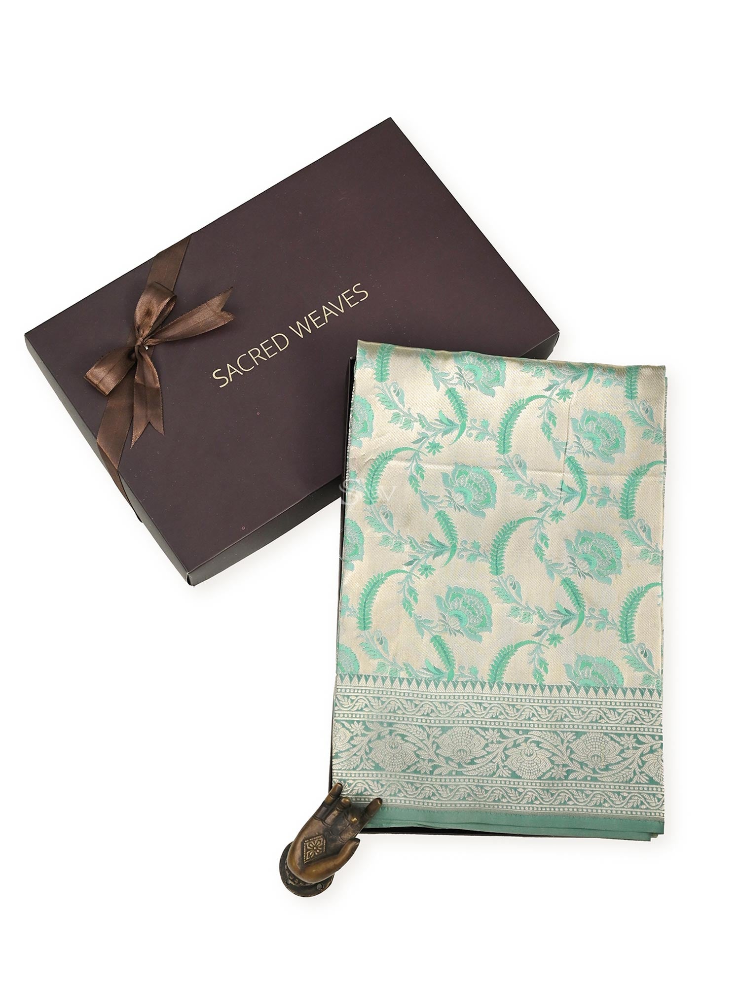 Green Meenakari Brocade Katan Silk Handloom Banarasi Fabric - Gift Box - Sacred Weaves