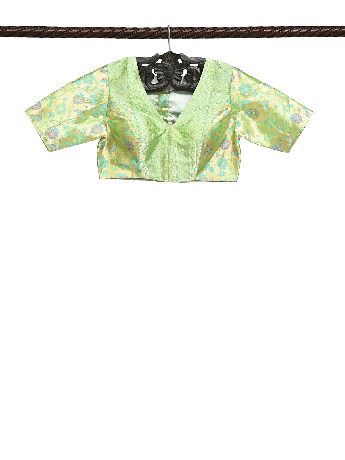 Green Meenakari Brocade Silk Banarasi Ready-Made Blouse - Sacred Waeves