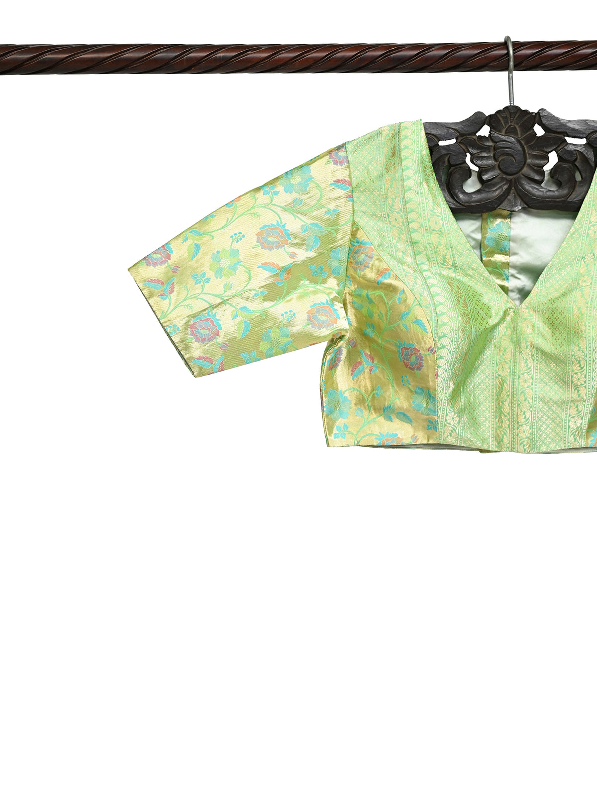 Green Meenakari Brocade Silk Banarasi Ready-Made Blouse - Sacred Waeves