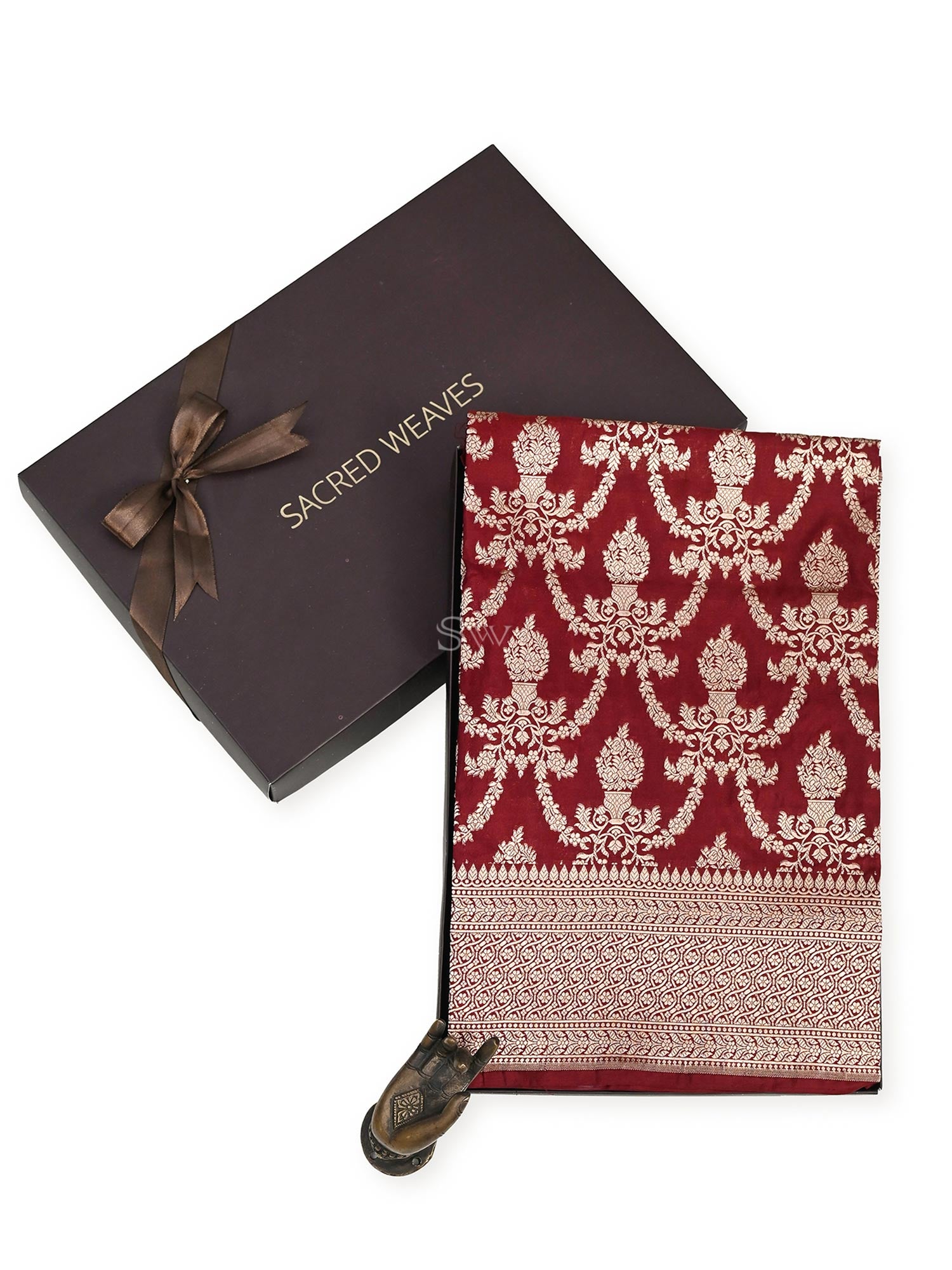 Wine Uppada Jaal Katan Silk Handloom Banarasi Fabric - Gift Box