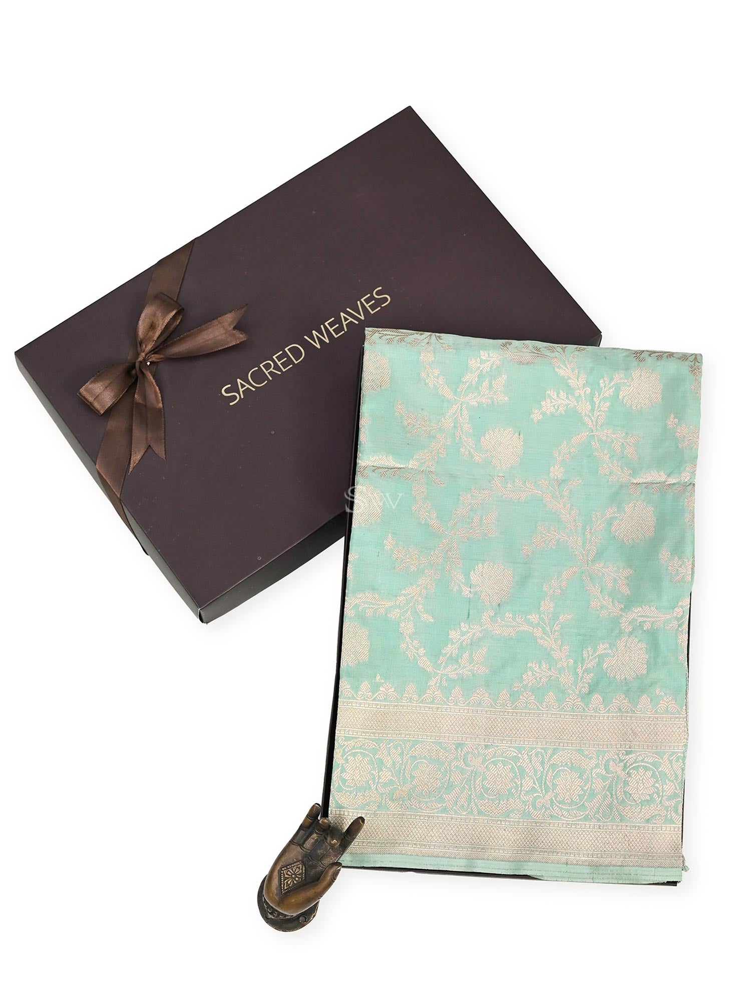 Sea Green Uppada Katan Silk Handloom Banarasi Fabric - Gift Box - Sacred Weaves