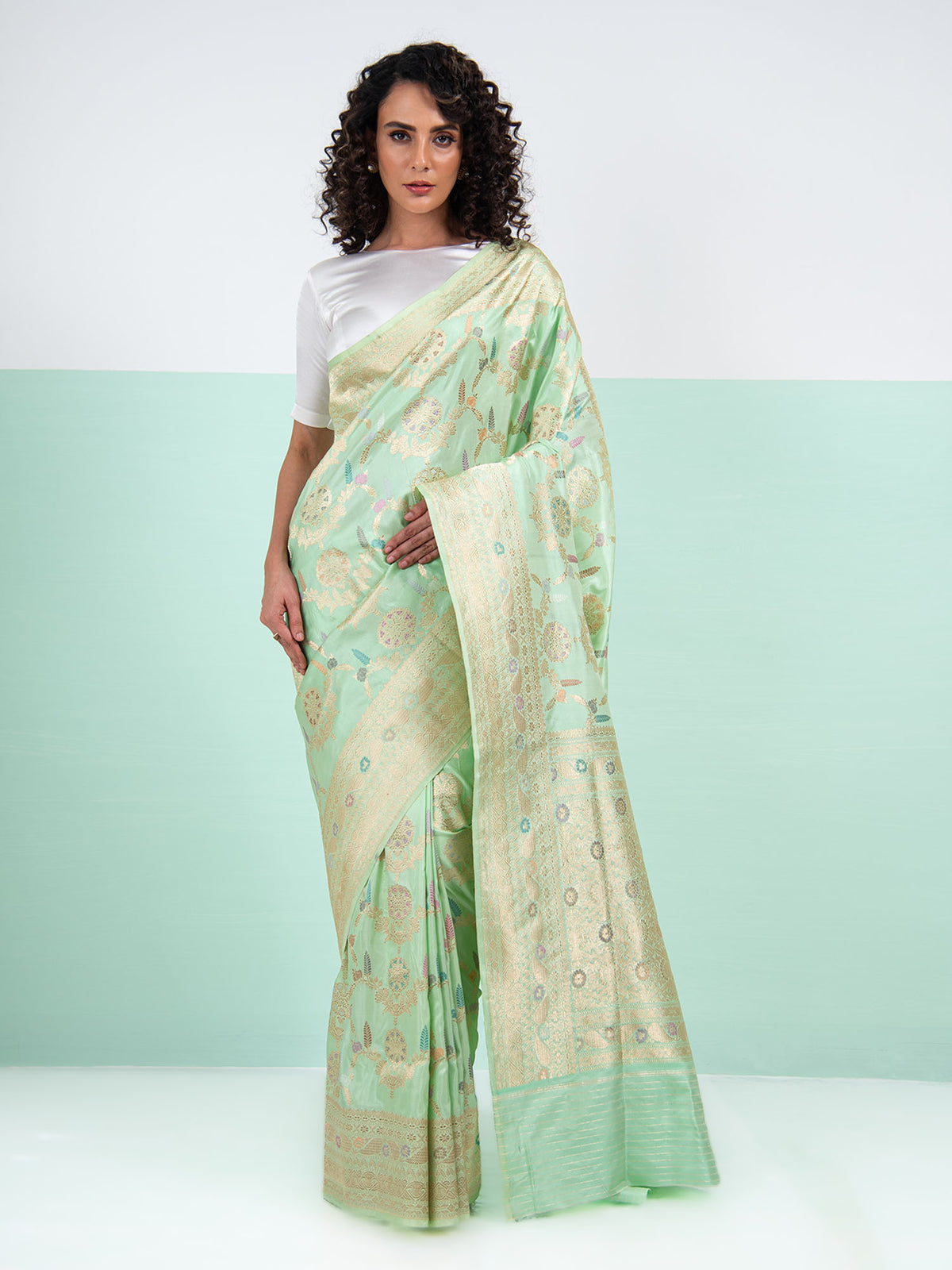 Pastel Pista Green Meenakari Katan Silk Handloom Banarasi Saree - Sacred Weaves
