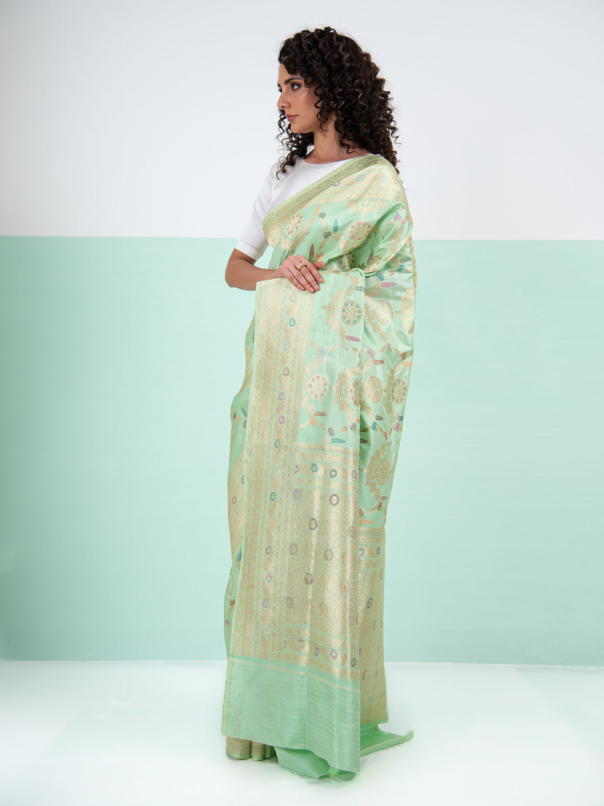 Pastel Pista Green Meenakari Katan Silk Handloom Banarasi Saree - Sacred Weaves