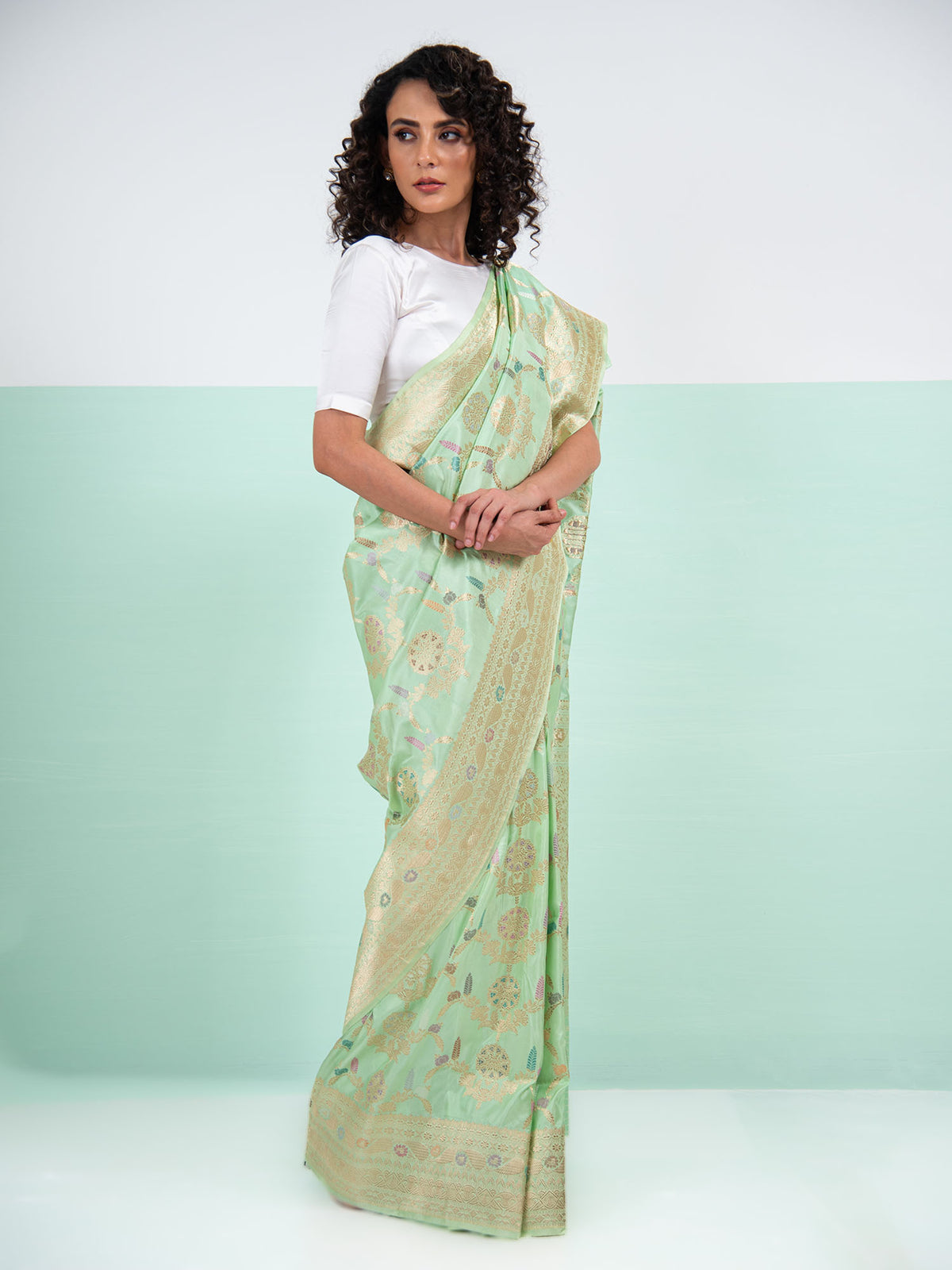 Pastel Pista Green Meenakari Katan Silk Handloom Banarasi Saree - Sacred Weaves