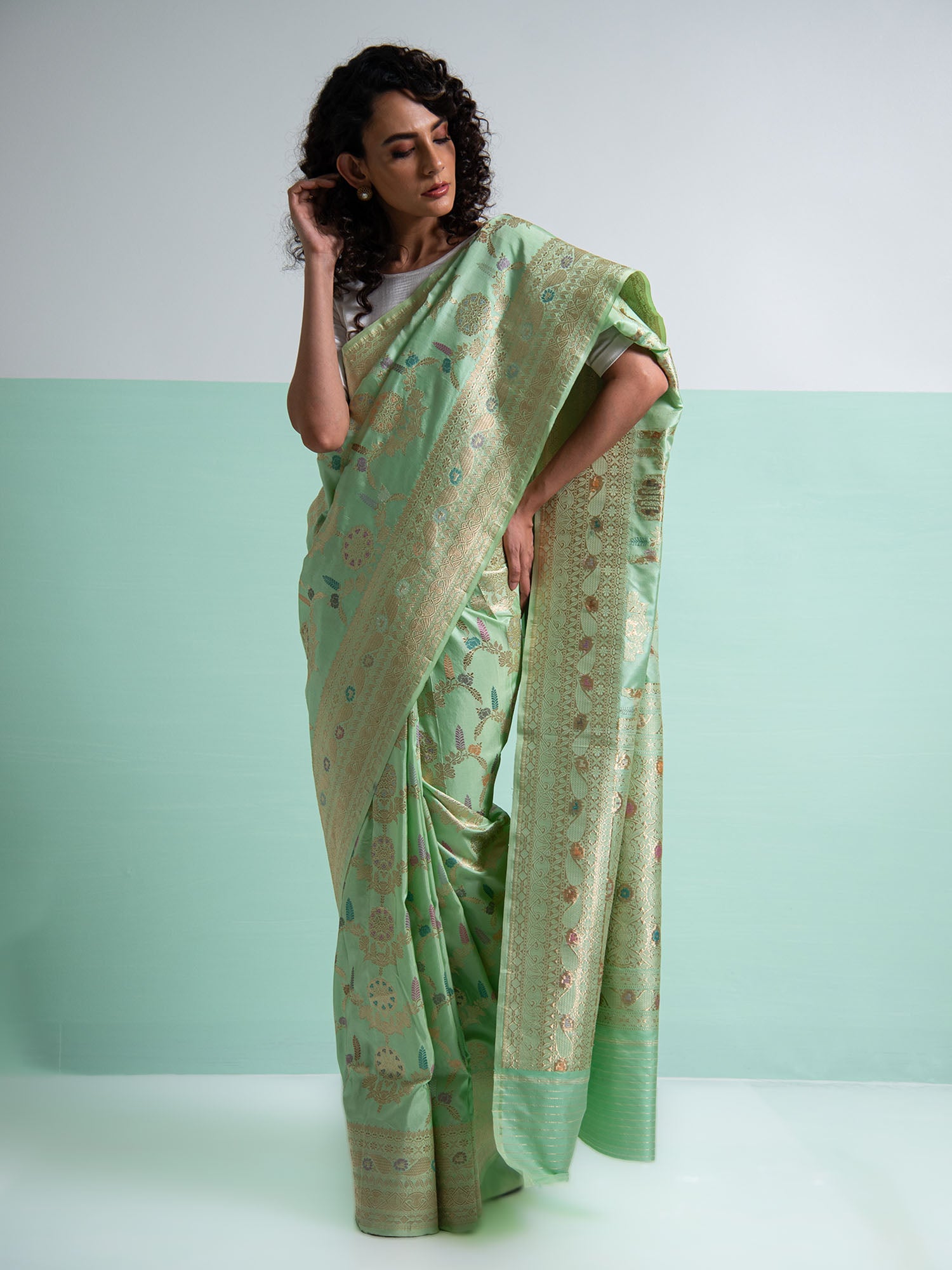 Pastel Pista Green Meenakari Katan Silk Handloom Banarasi Saree - Sacred Weaves