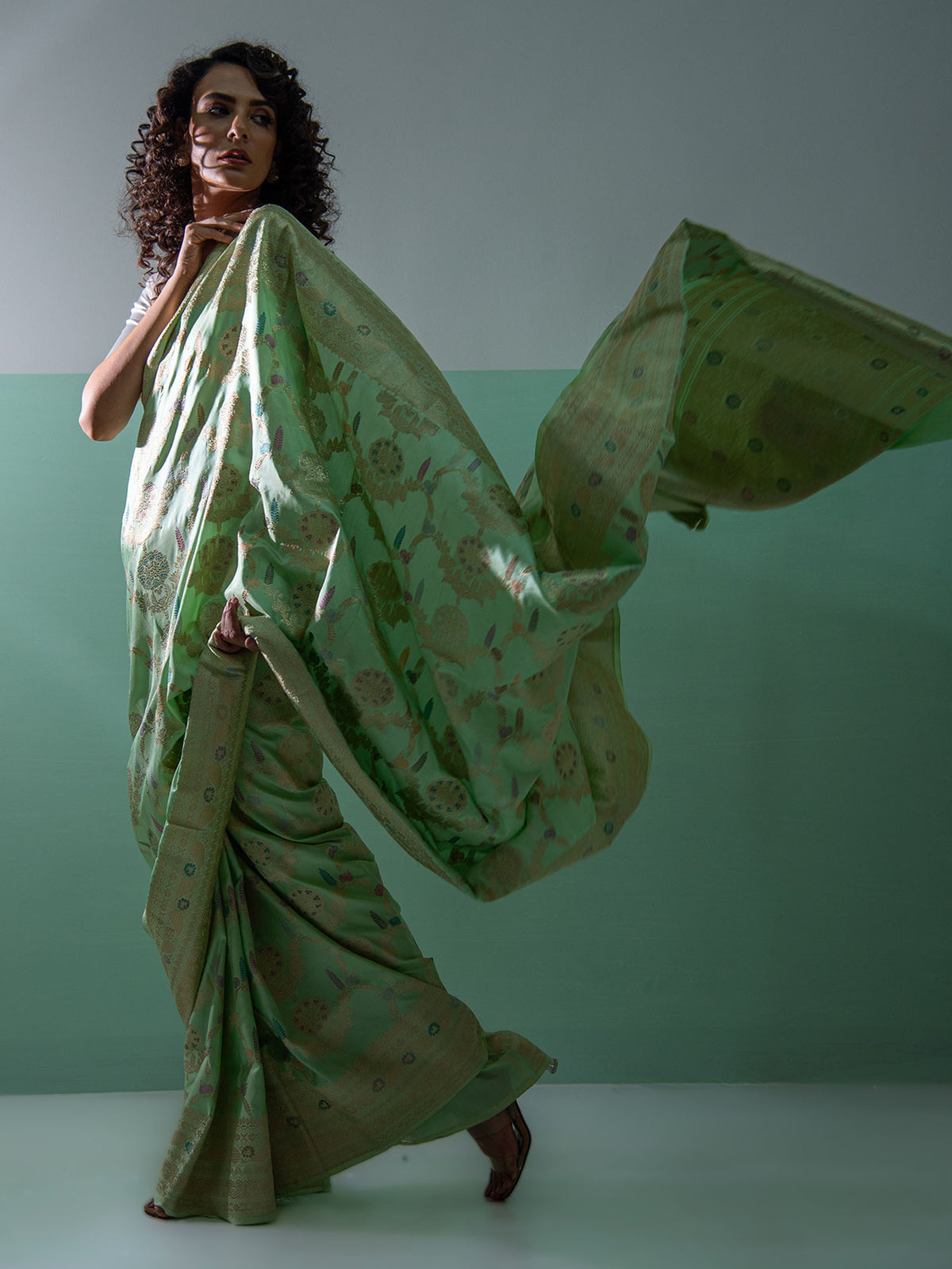 Pastel Pista Green Meenakari Katan Silk Handloom Banarasi Saree - Sacred Weaves