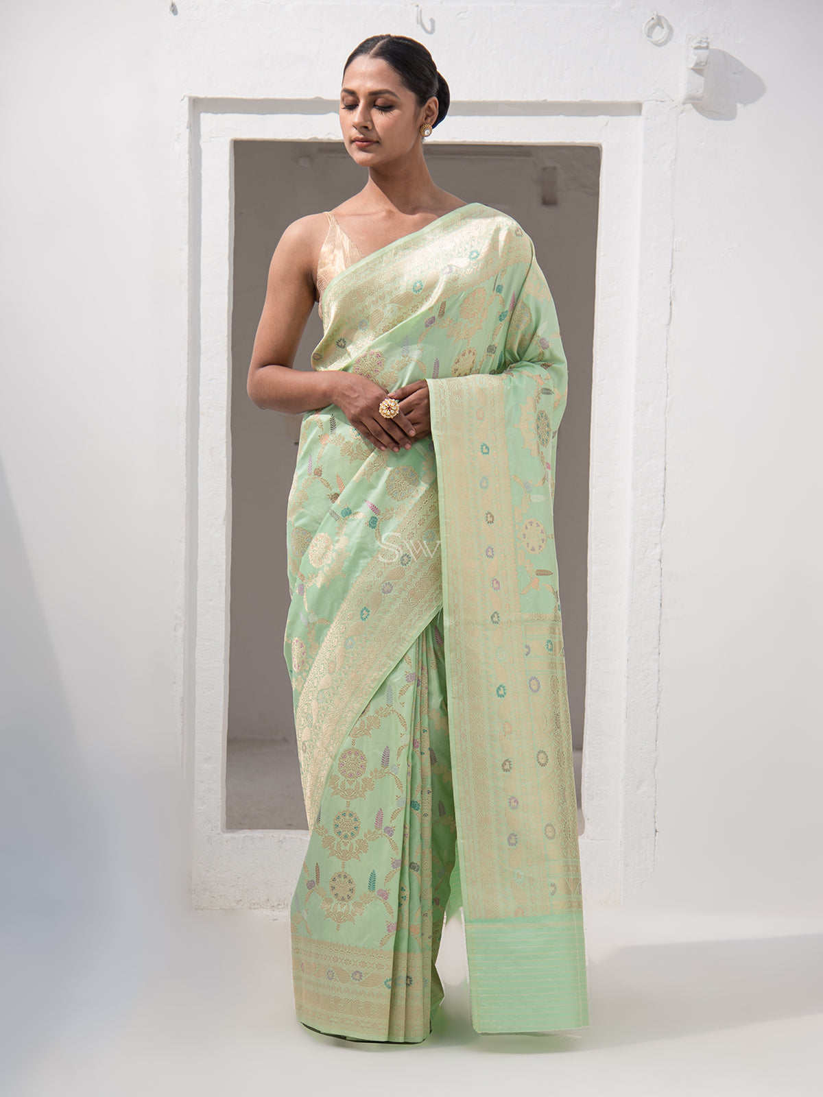 Pastel Pista Green Meenakari Katan Silk Handloom Banarasi Saree - Sacred Weaves