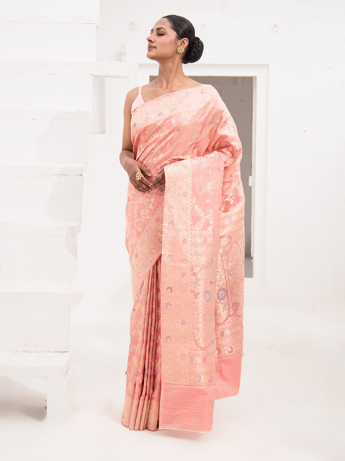 Peach Meenakari Katan Silk Handloom Banarasi Saree - Sacred Weaves