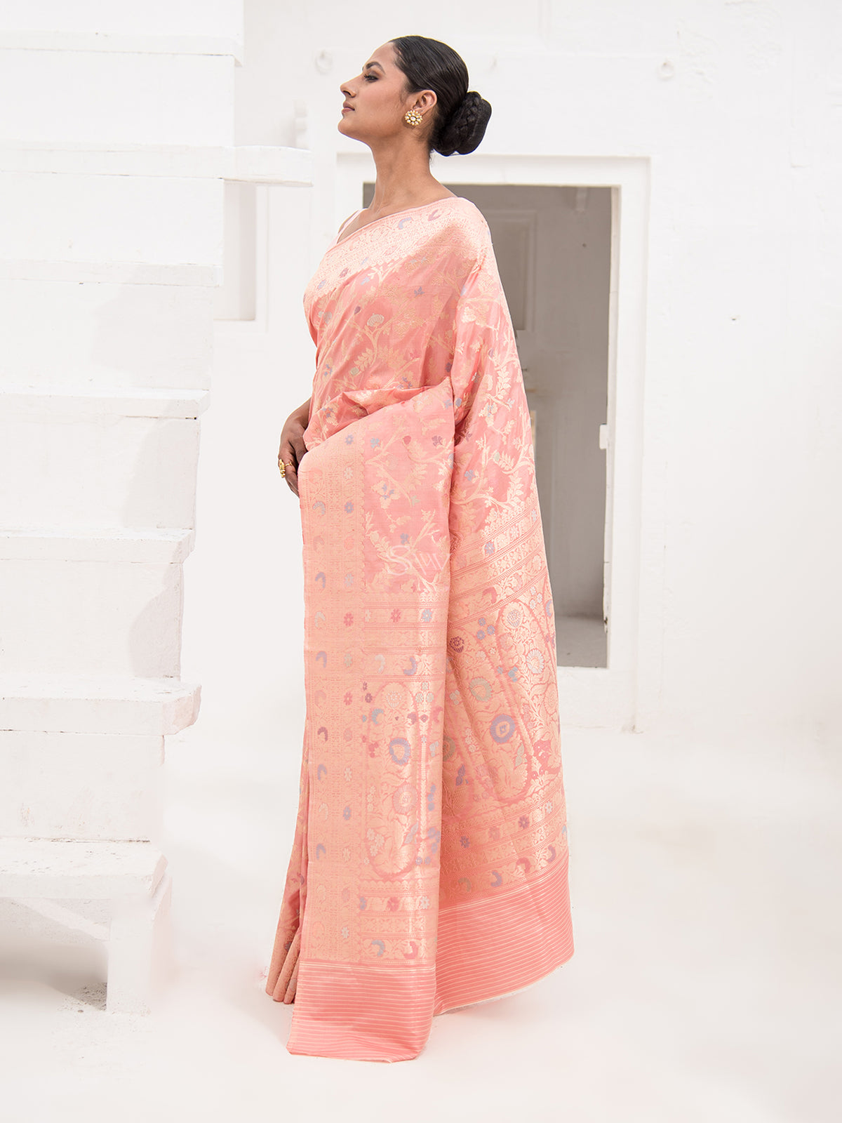 Peach Meenakari Katan Silk Handloom Banarasi Saree - Sacred Weaves
