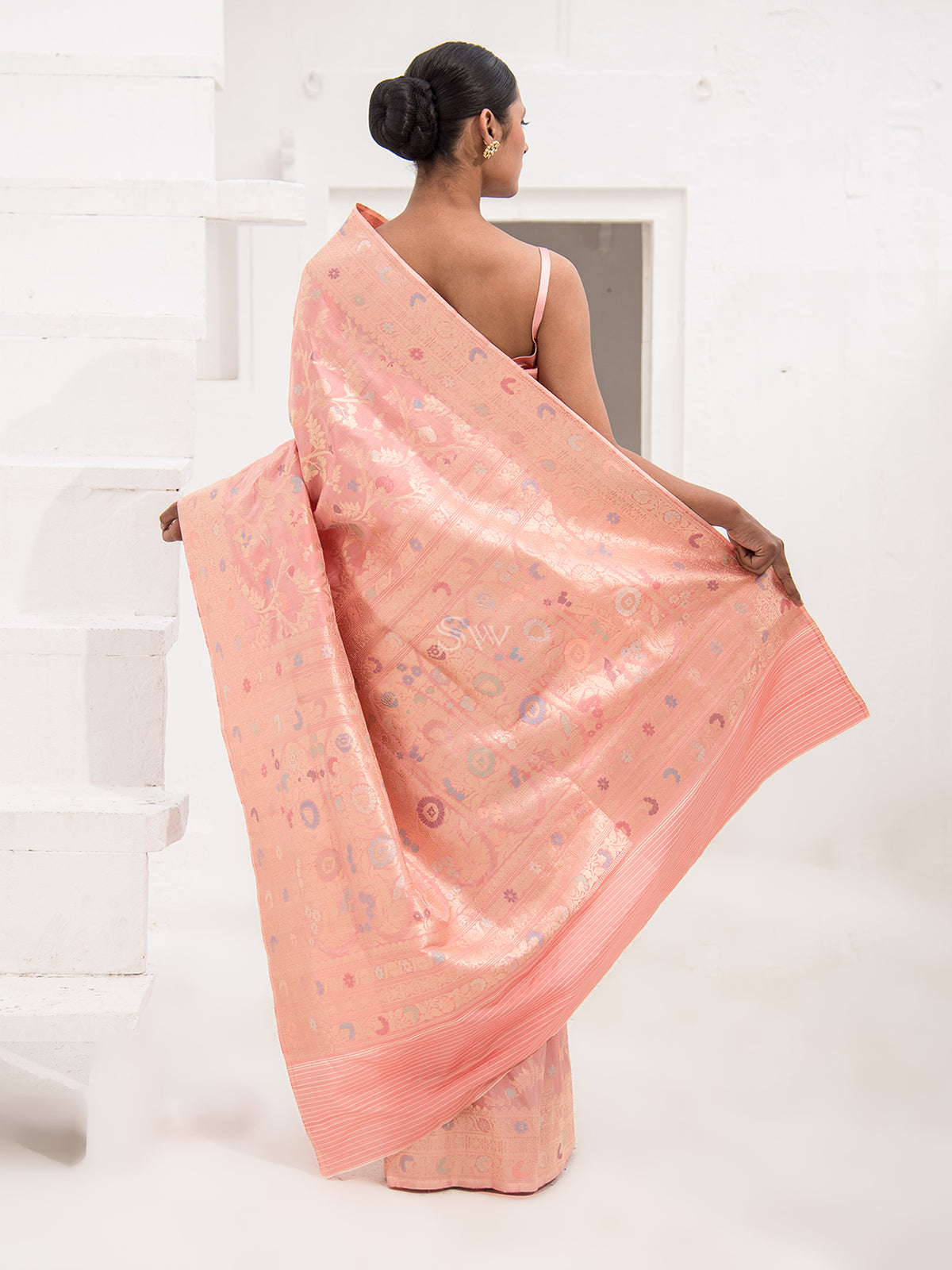 Peach Meenakari Katan Silk Handloom Banarasi Saree - Sacred Weaves